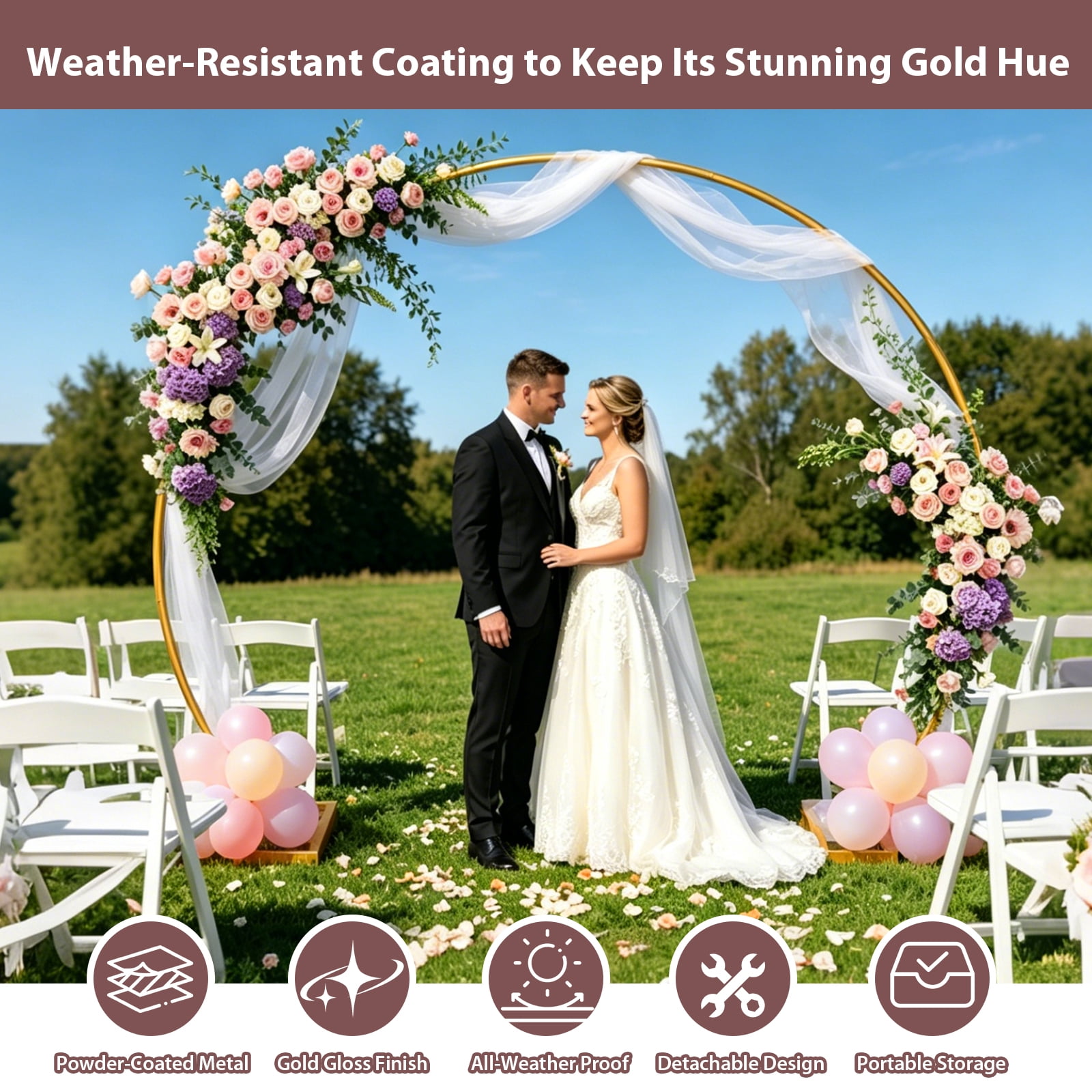 JOPESO Metal Round Backdrop Stand for Wedding Arch and Party Decor (Gold, 82 in H x 94 in W) bosb0
