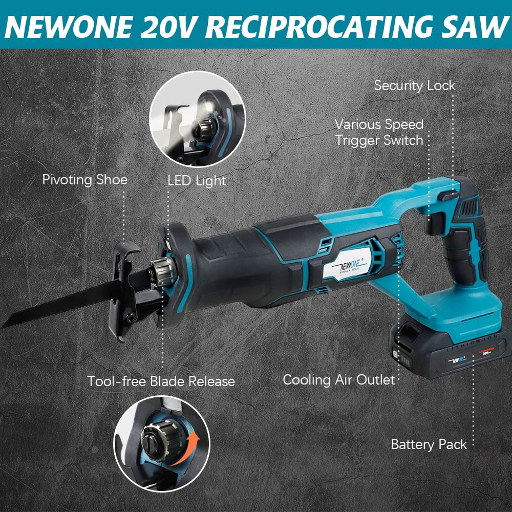 NEWONE Cordless Reciprocating Saw Kit 20V Brushless Motor with 2 Batteries and 7 Saw Blades (20V, 7-Piece Set) ilqss