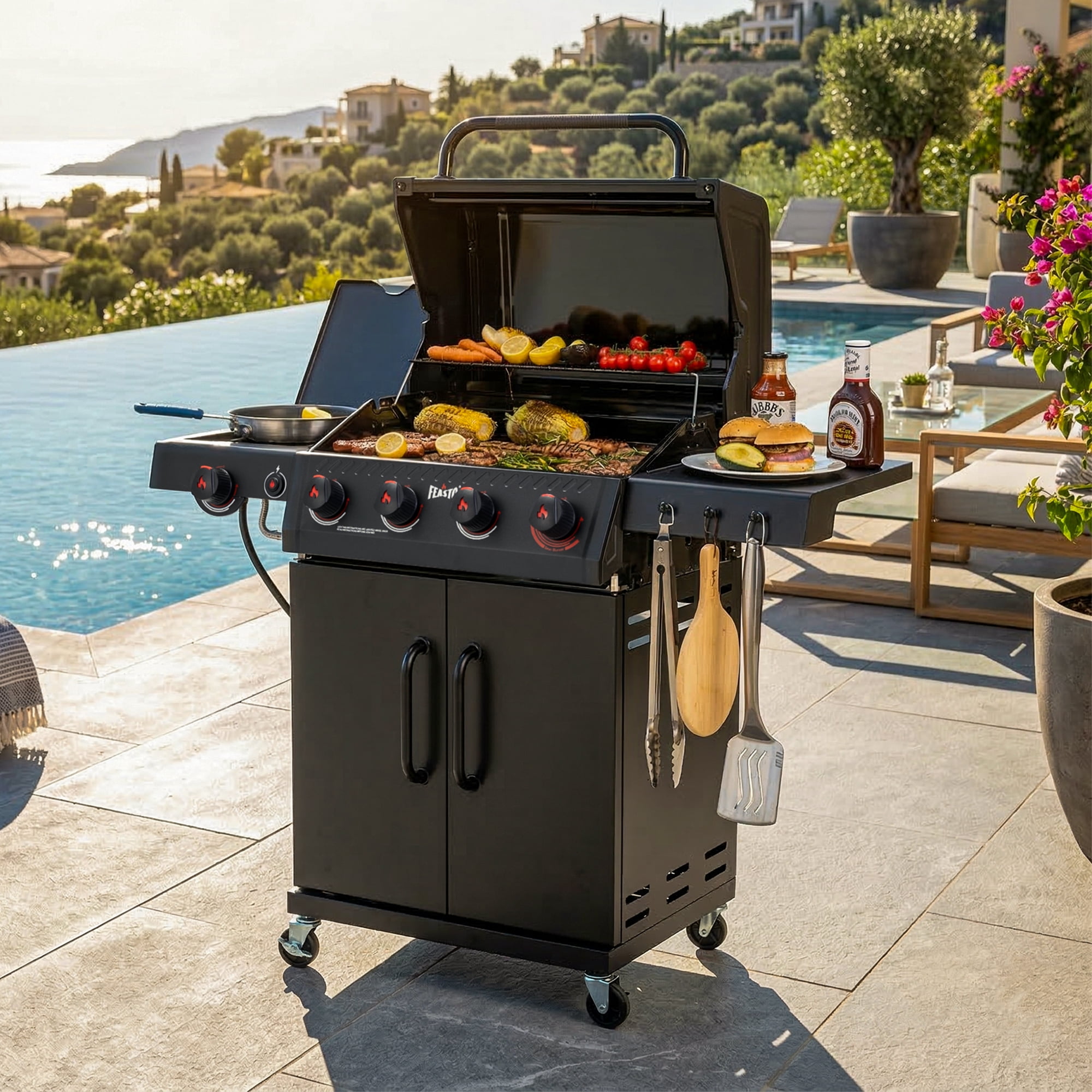 Feasto 4-Burner Propane Gas Grill with Side Sear Burner, Outdoor Cooking Station with Cabinet Storage (Black, 563 Sq.In.) kqswc