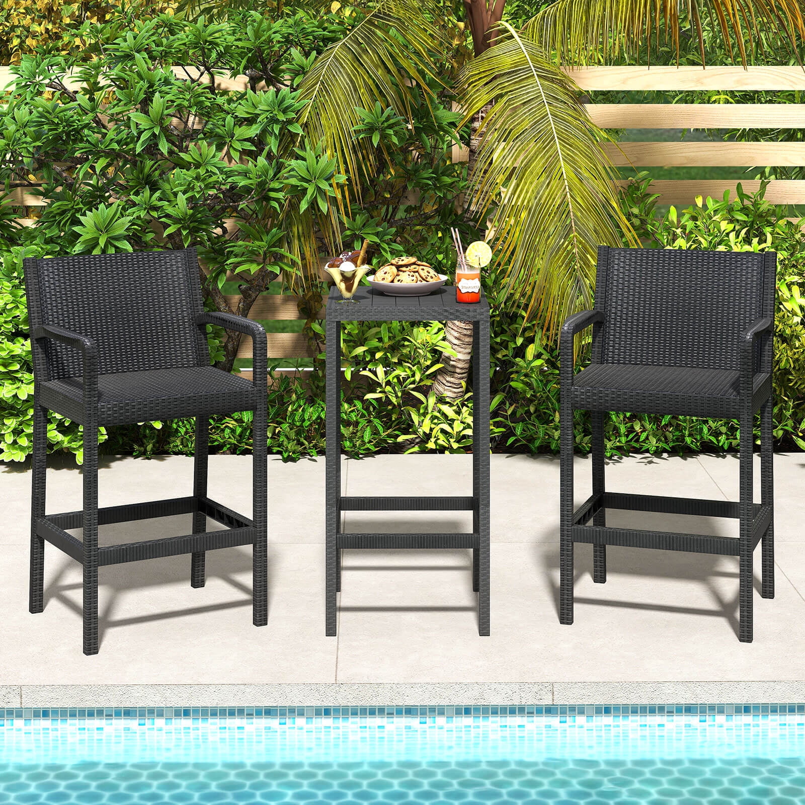Costway 3-Piece Patio Bar Set with 2 Stools and 1 Bar Table (Black, 3-Piece Set) lf7dt