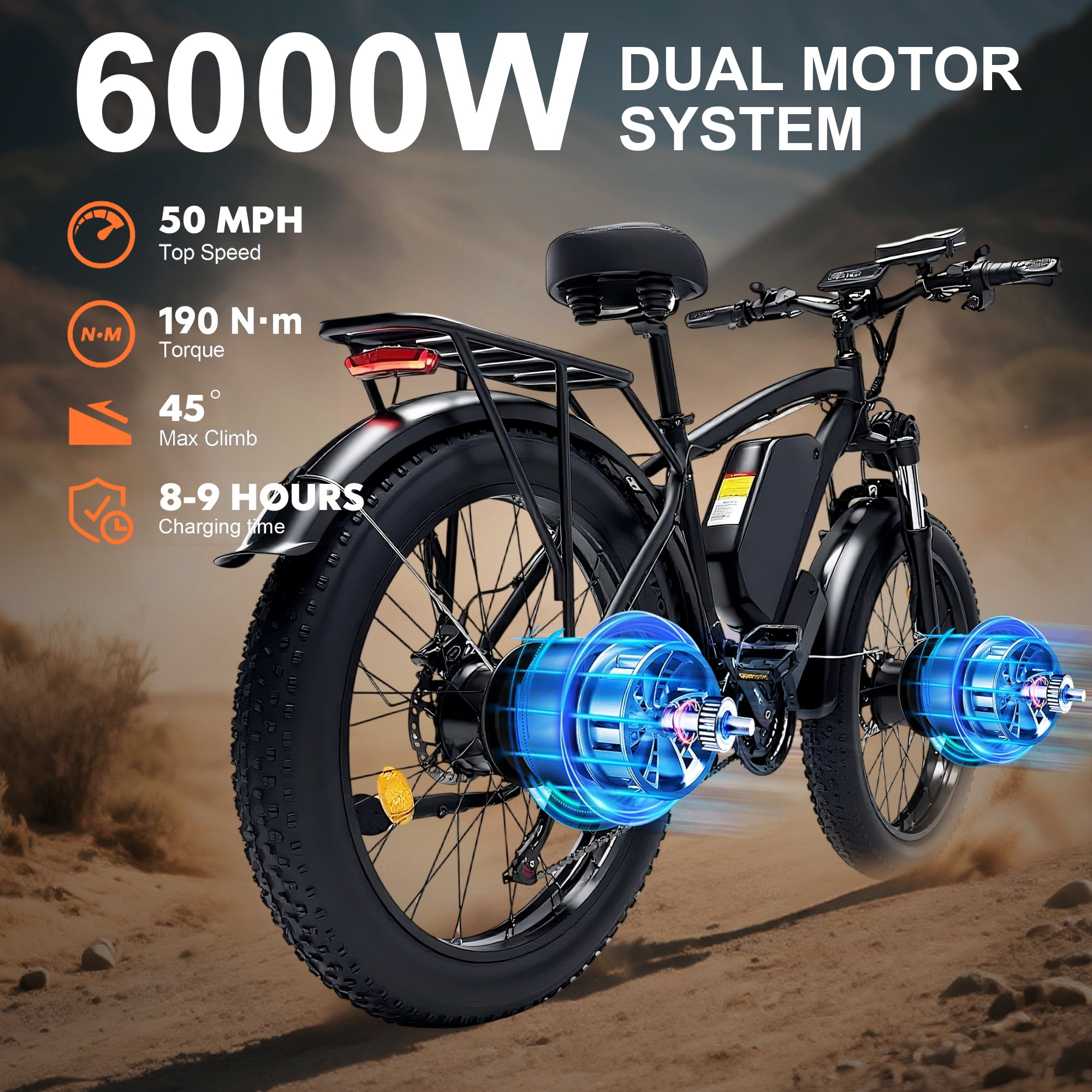 KYD Electric Fat Tire Bike for Adults, 6000W Dual Motor Off-Road Mountain Ebike, 50 MPH, 60V 25AH Battery (Black, 26 in) qav92