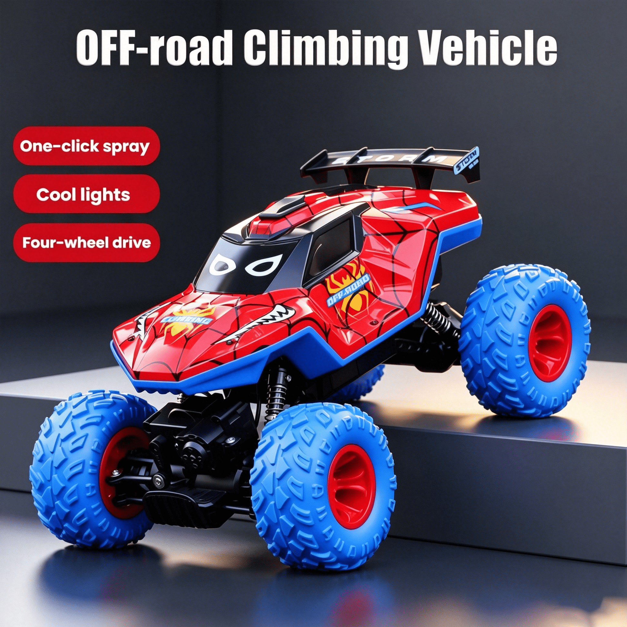 HNH 1:16 Spider Monster Truck RC Car, 4WD All-Terrain Off-Road Vehicle with LED Lighting and Spray Effect (Red, 1:16 Scale) zygid
