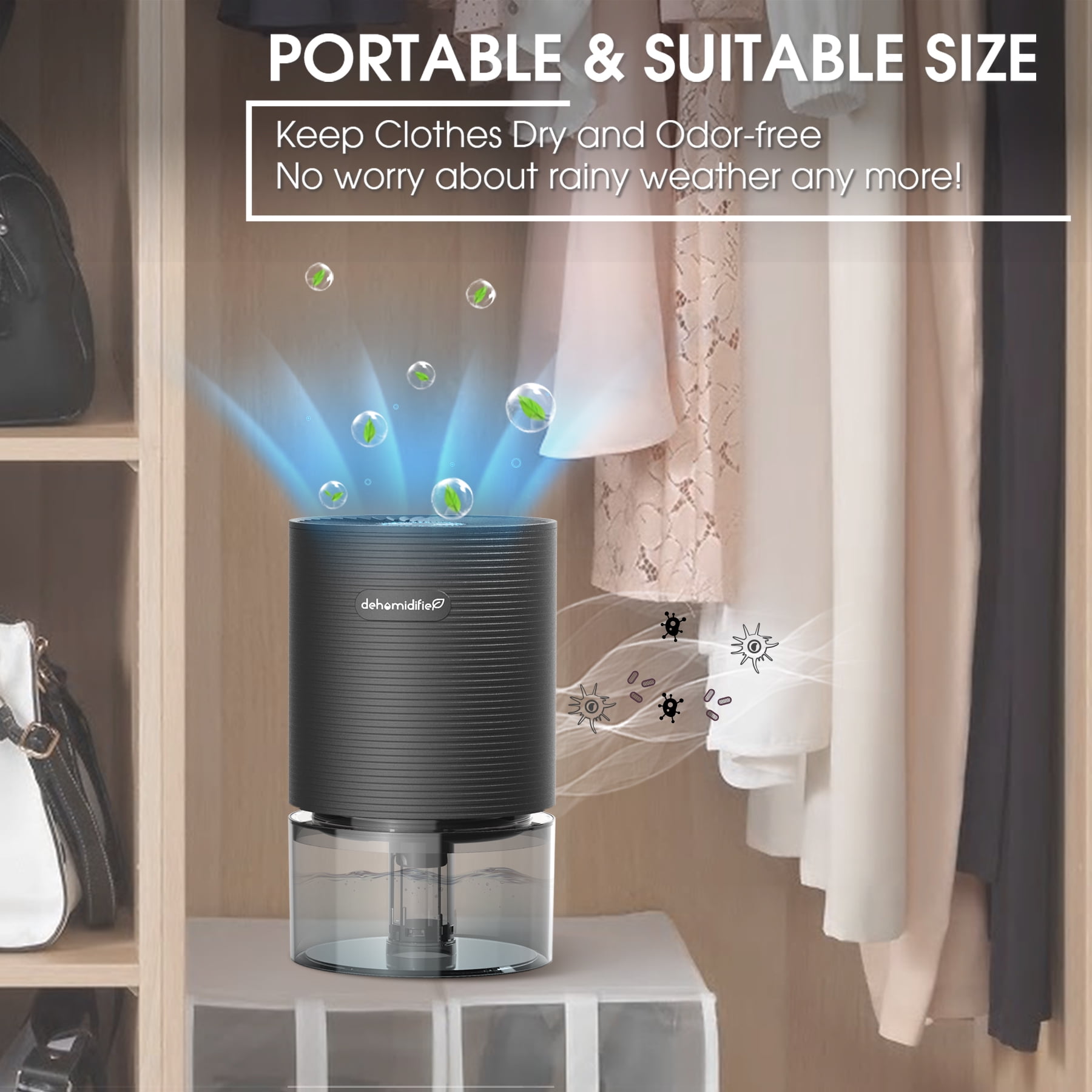 Kloudic Compact Dehumidifier with LED Light, Ultra-Quiet Portable Air Dryer for Bedroom and Office (Black, 26 fl oz) qmh3v