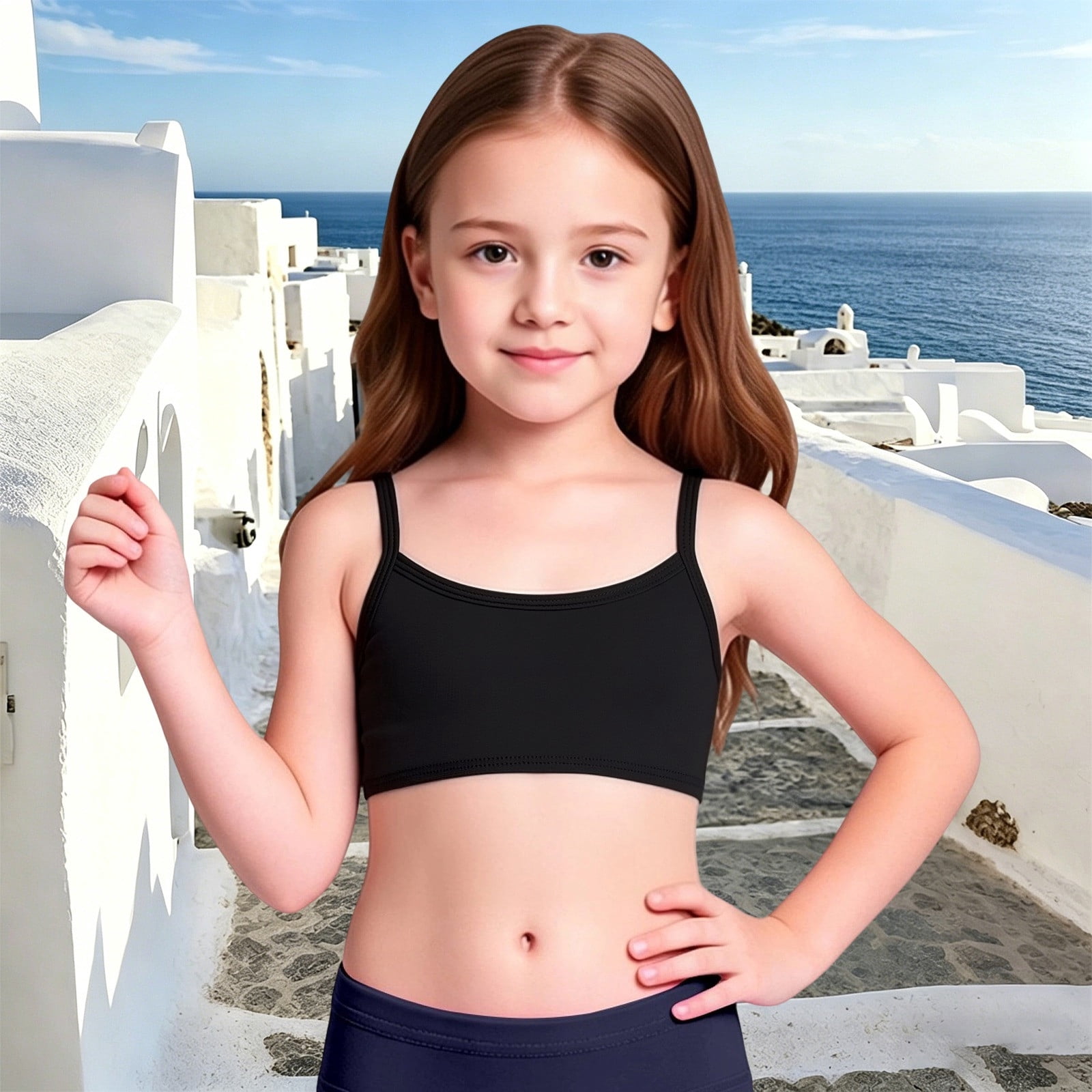 DGMIOCS Girls Bikini Top UPF 50+ Sun Protection Swimwear (Black, Size 4-5) 2thae