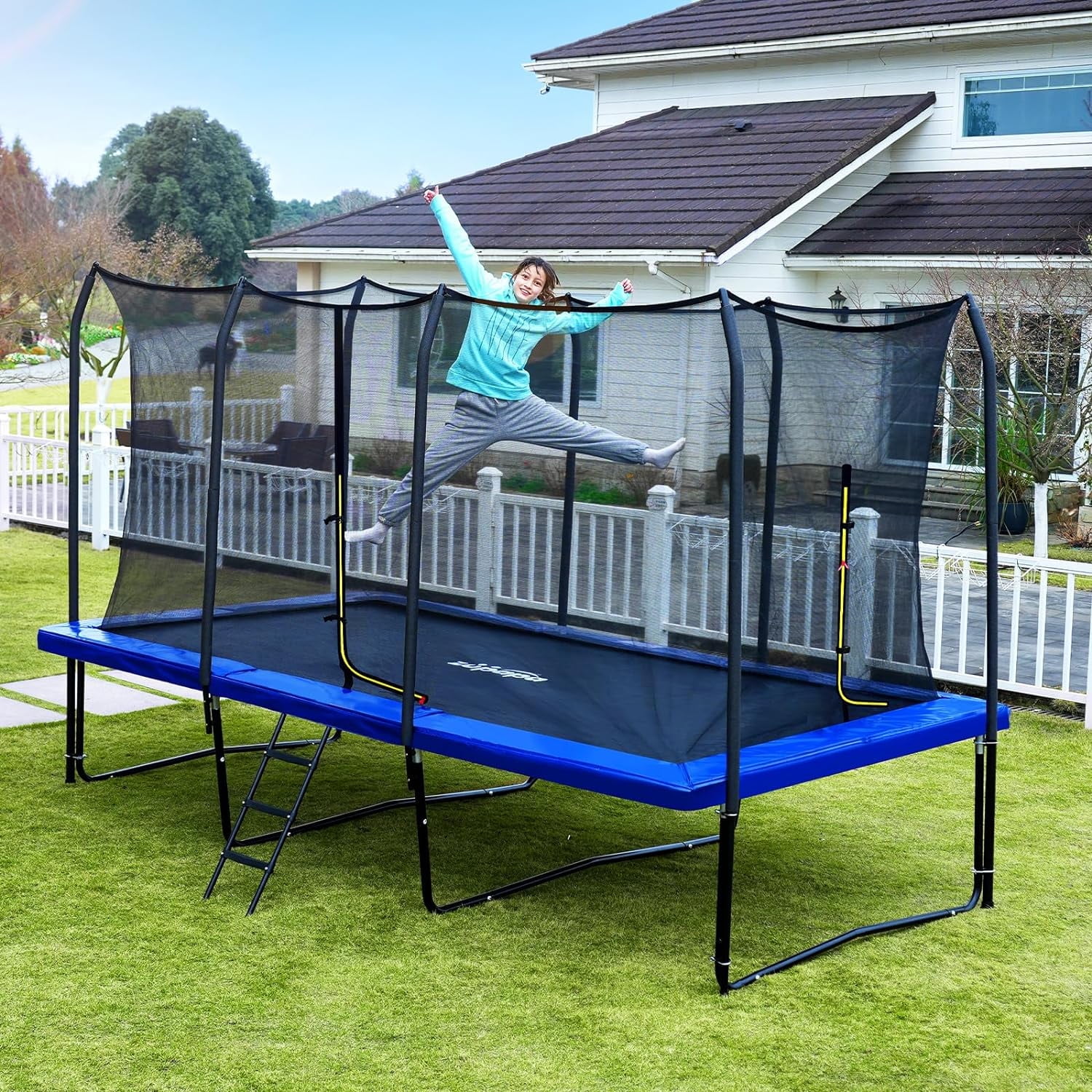 Zupapa Rectangle Trampoline with Safety Enclosure Net (1500 lb Capacity, 9x15 ft) jfro9