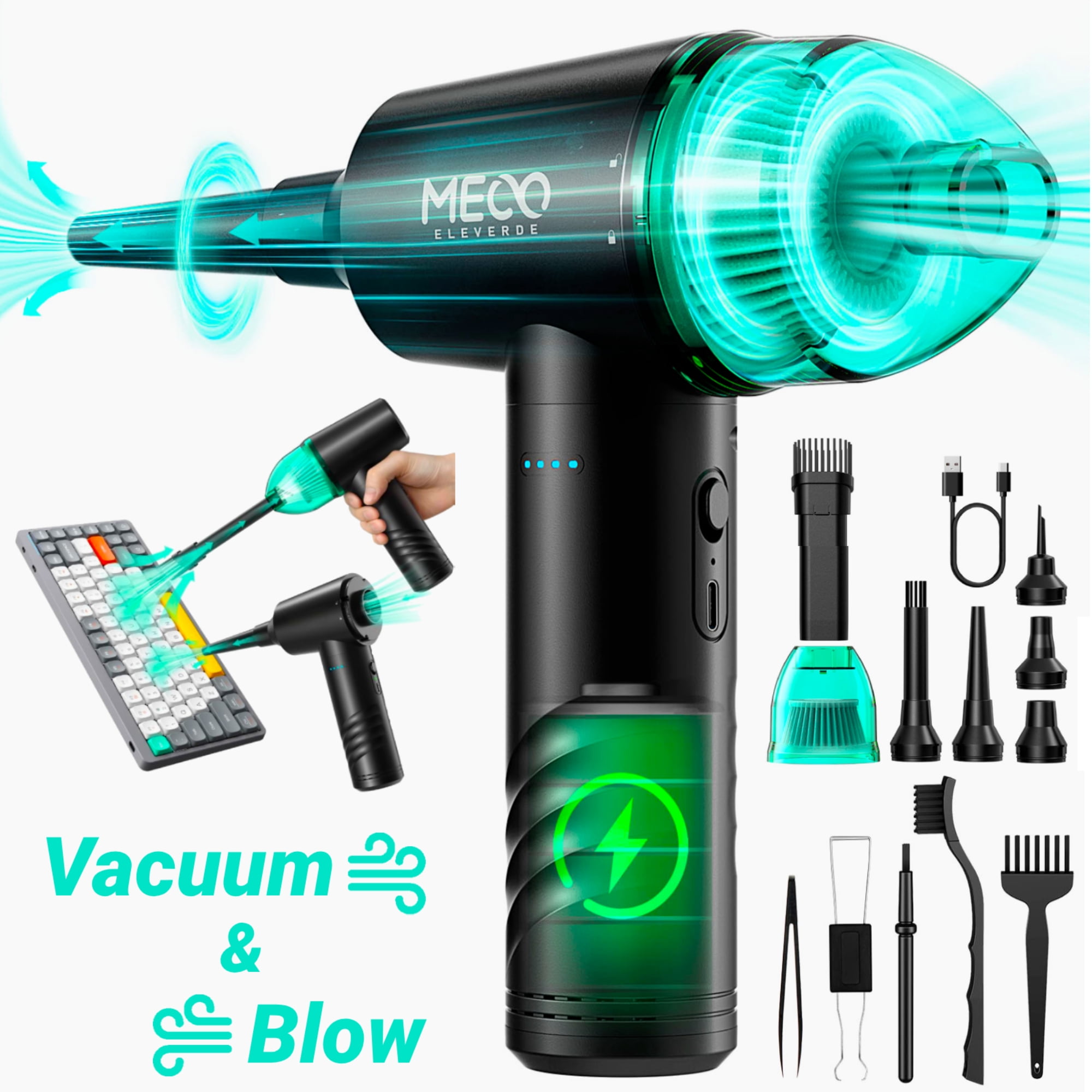 MECO 2-in-1 Cordless Air Duster and Handheld Vacuum for Electronics and Car Cleaning (Black, 6000mAh) 9j53z