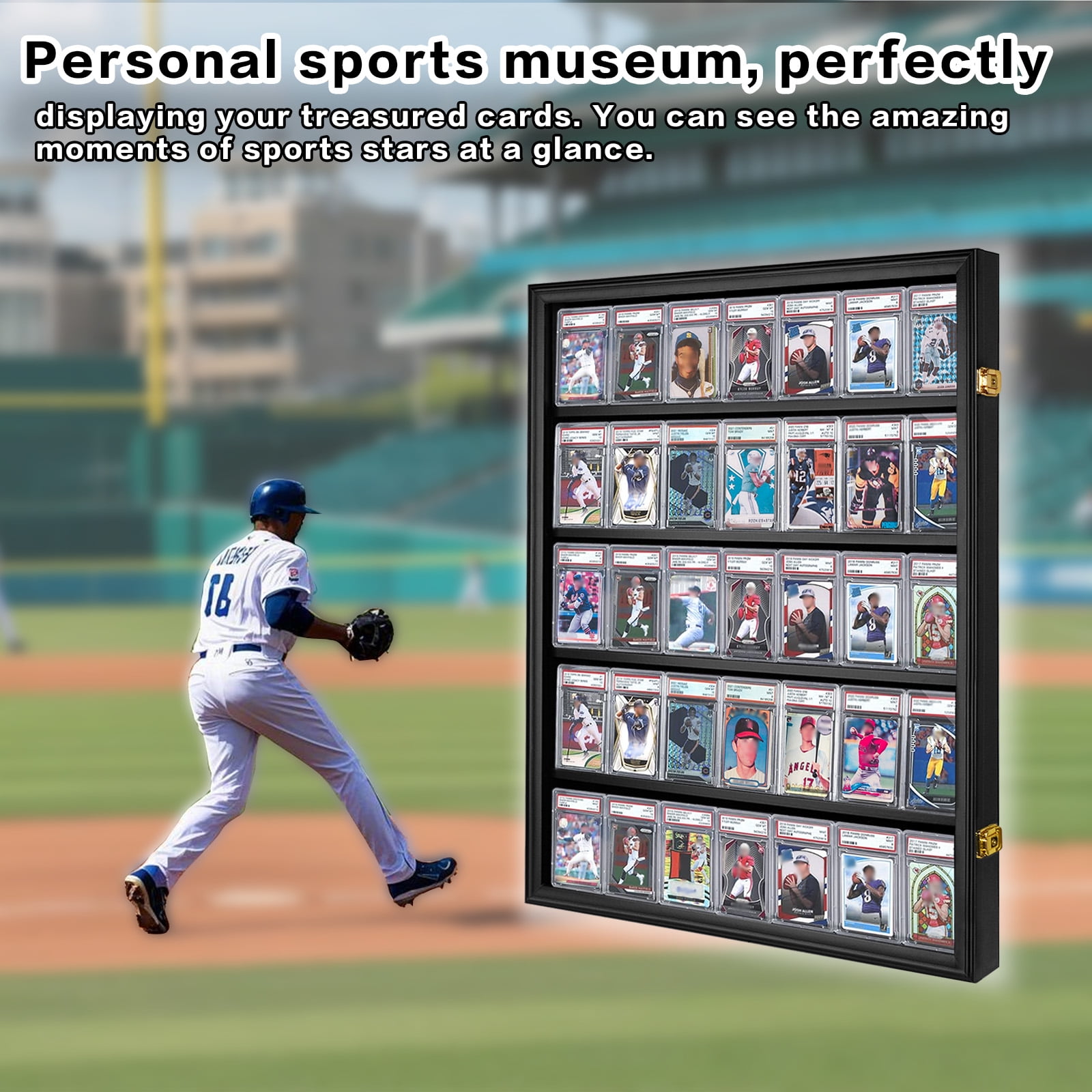CRDC Graded Sports Card Display Case Wall Mount Wood Frame with UV Protection (Black, 35-Card Capacity) hxenp