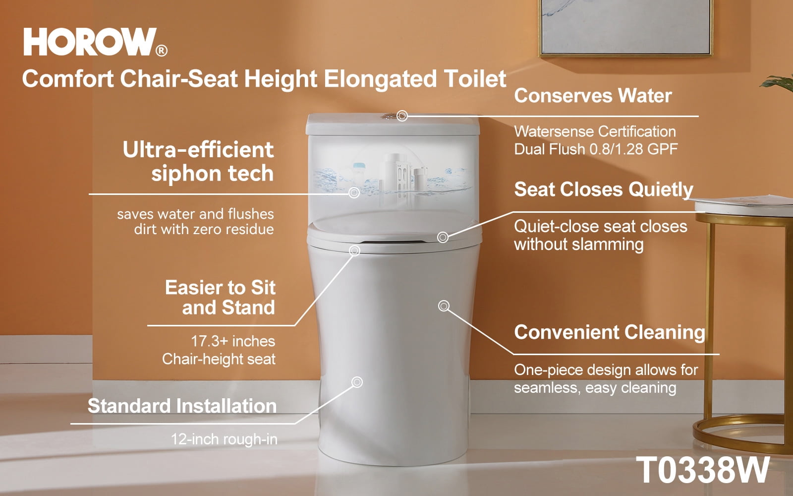 HOROW Compact One Piece Toilet, Elongated ADA Height Bowl with Soft-Close Seat (White, 17.3 in) rlz90