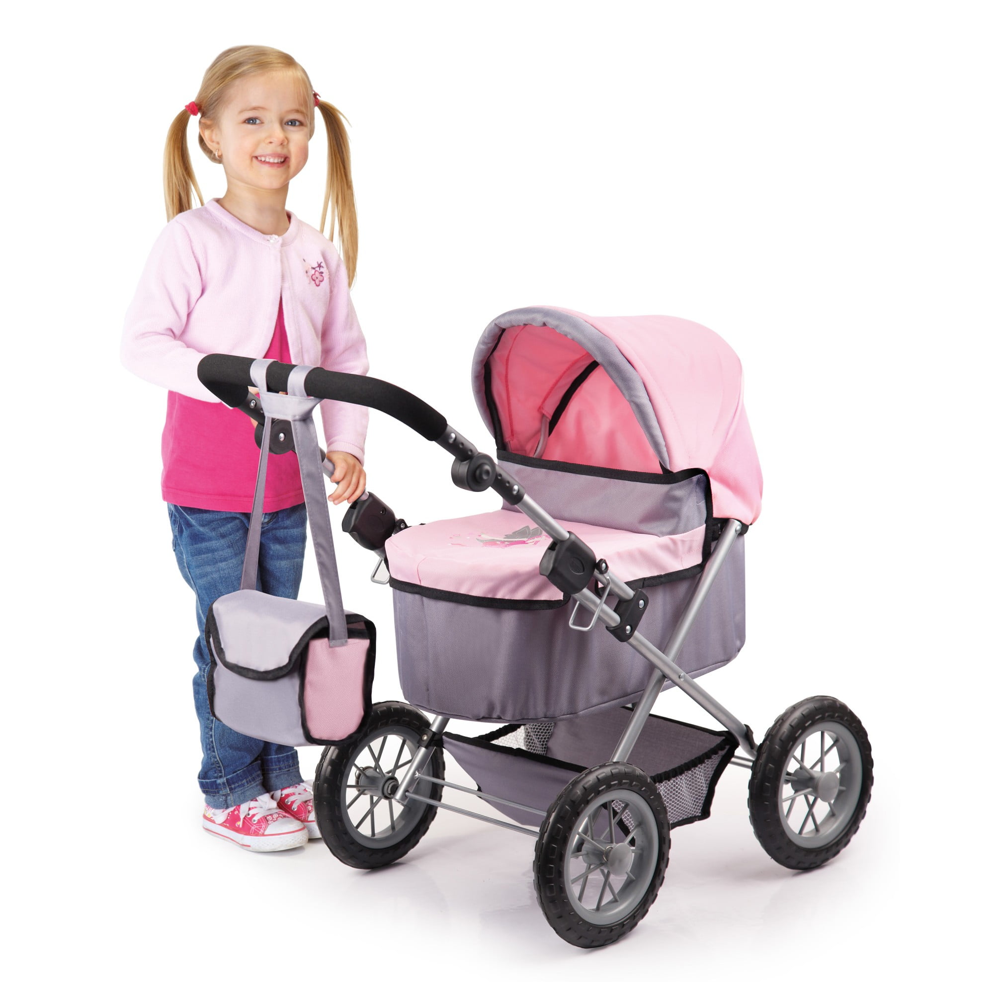 Bayer Design Trendy Baby Doll Pram with Adjustable Handle, Foldable Stroller for Dolls (Pink/Grey, 18 in) 0rt1t