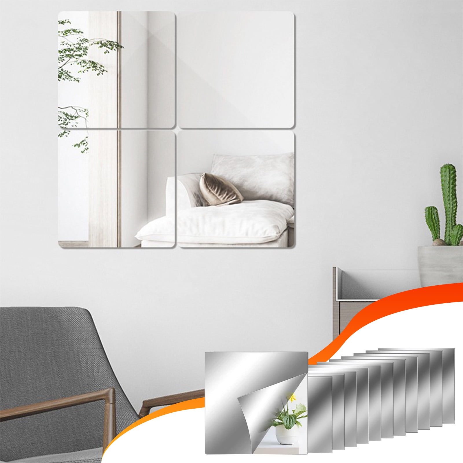 TOPRenddon Peel & Stick Mirror Tiles, Shatterproof Flexible Acrylic Wall Decals for Home Decor (Silver, 12-Pack, 6x6 in) bg0gy