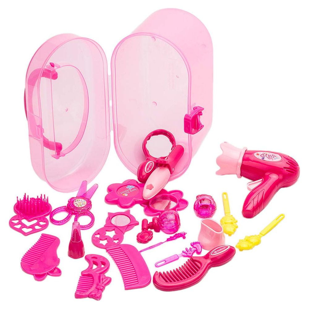 Somnr Kids Beauty Salon Pretend Play Makeup Kit with Carrying Case and Styling Accessories (Pink, 17pcs) 05fh7