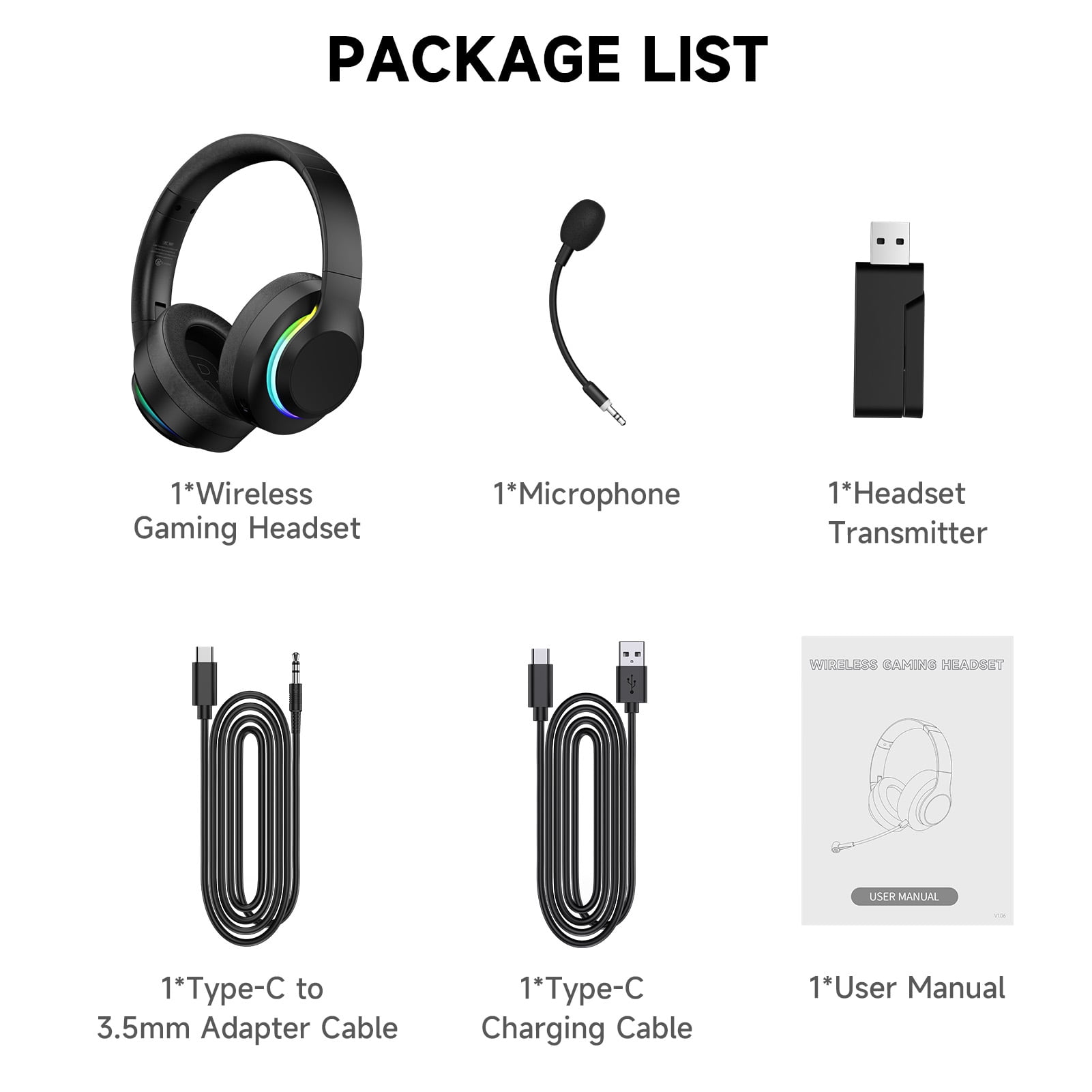 AYEDLOE Wireless Gaming Headset with Bluetooth 5.4 and 2.4GHz USB, Noise Canceling Mic, Multi-Platform Compatibility (Black) opoge
