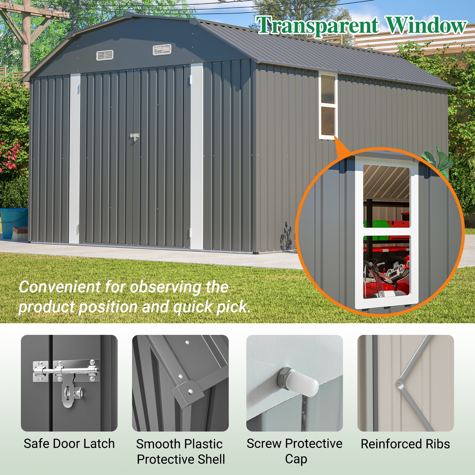 LZBEITEM Metal Outdoor Storage Shed with Floor Frame Kit, Heavy-Duty Garden Tool Shed with Lockable Door and Window (Grey, 10 ft x 12 ft) zqgpg