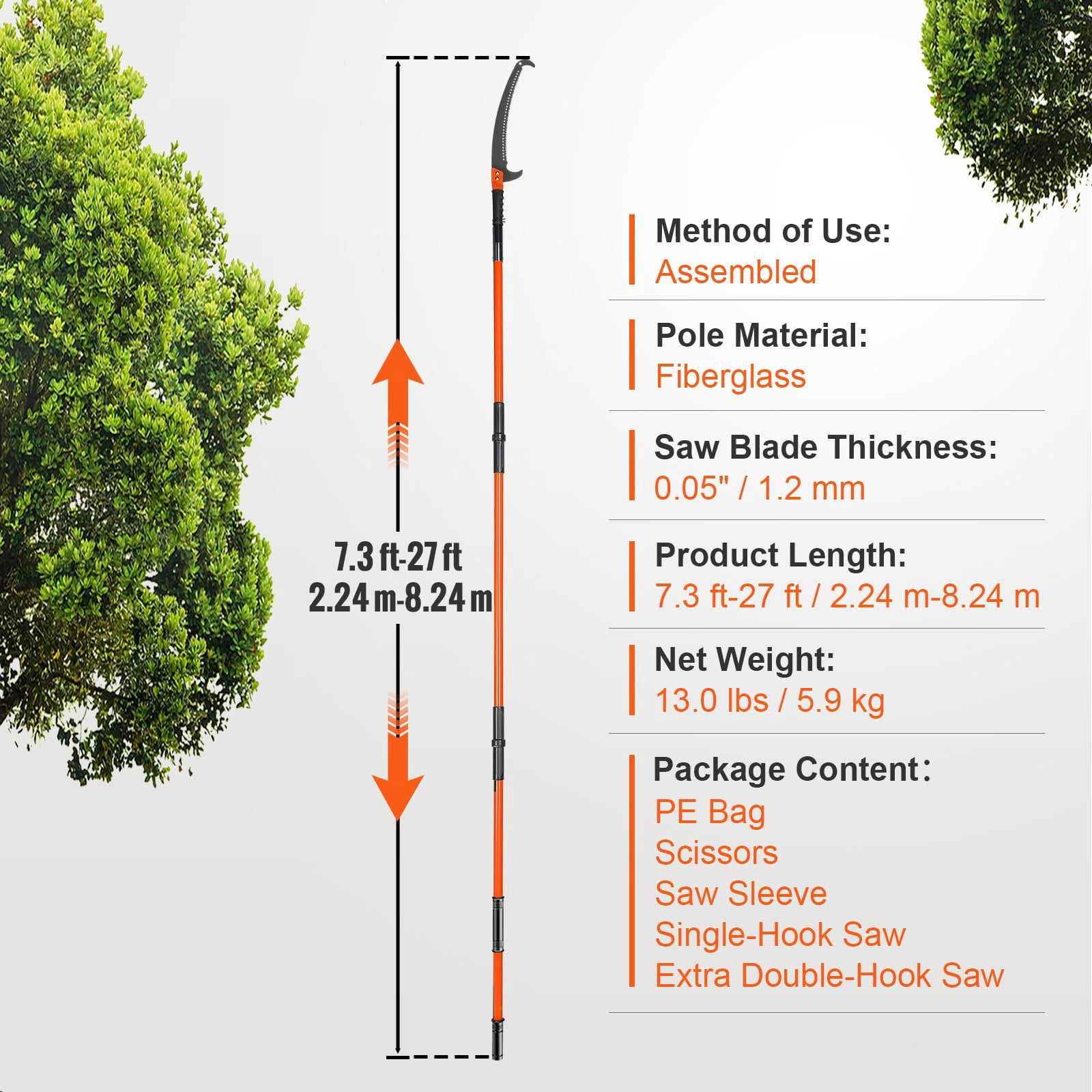 Generic Manual Pole Saw Extendable Tree Pruner with Steel Blade and Scissors (7.3-27 ft) j40h3