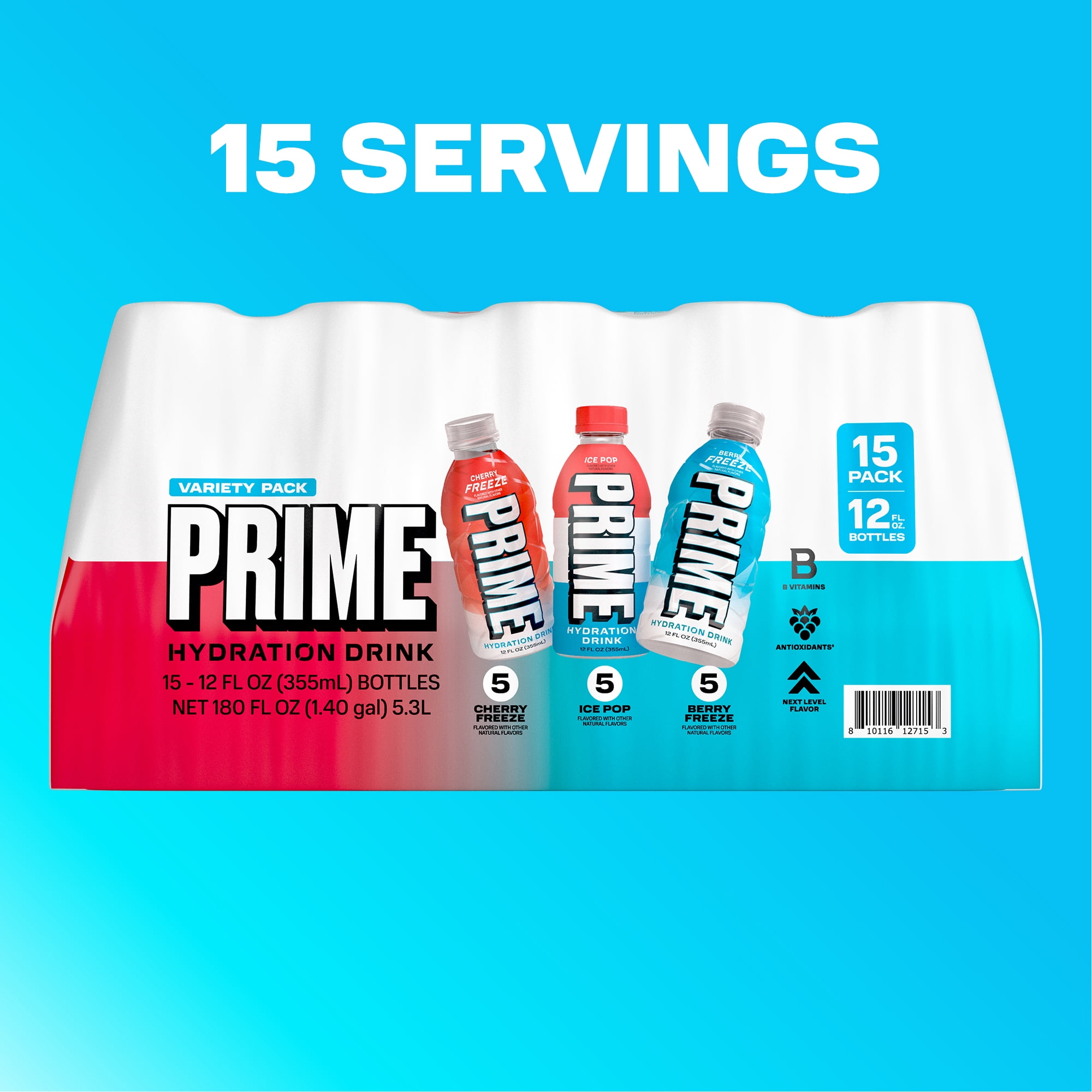 PRIME Hydration Sports Drink Variety Pack, Electrolyte Infused Beverage (Ice Pop, Cherry Freeze, Berry Freeze, 15 Pack, 12 fl oz) zpqk8