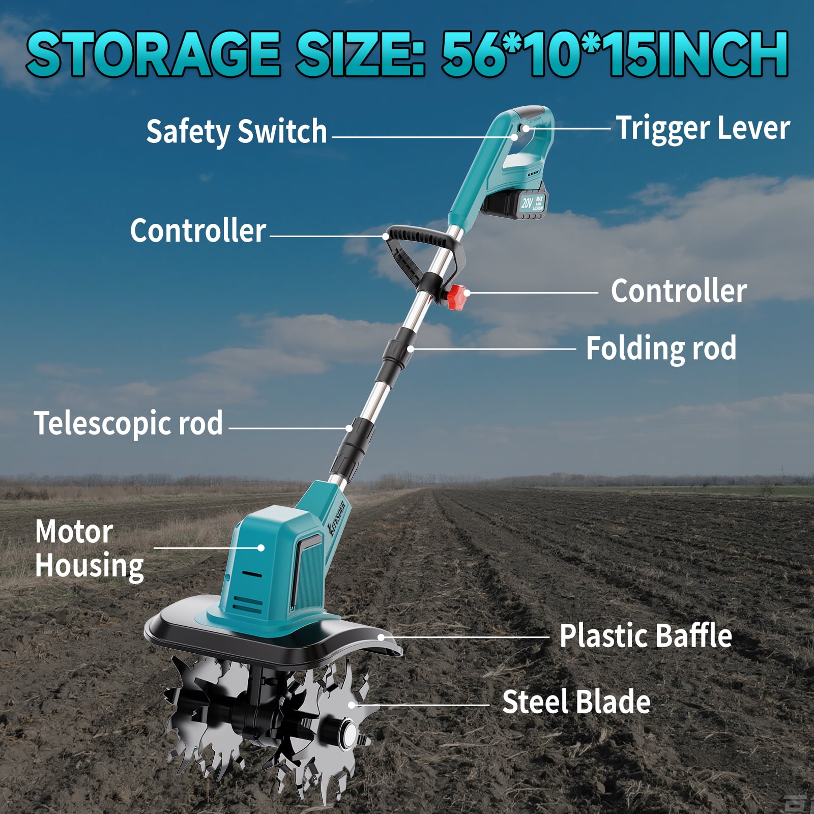 KITESDER 20V Cordless Electric Tiller, 10-inch Garden Cultivator, Lightweight Soil Tilling Tool (4.0Ah Battery & Fast Charger) 01n8c