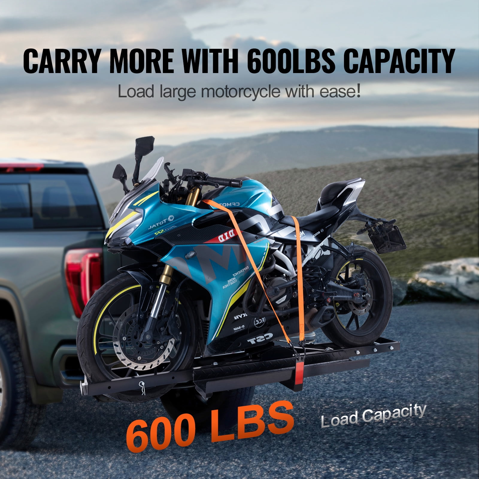 KFFKFF Steel Motorcycle Hitch Carrier, Heavy-Duty Transport Rack with Loading Ramp, Tie-Down Straps & Stabilizer (600 lb Capacity, 2 in Hitch Receiver) 5k3ry