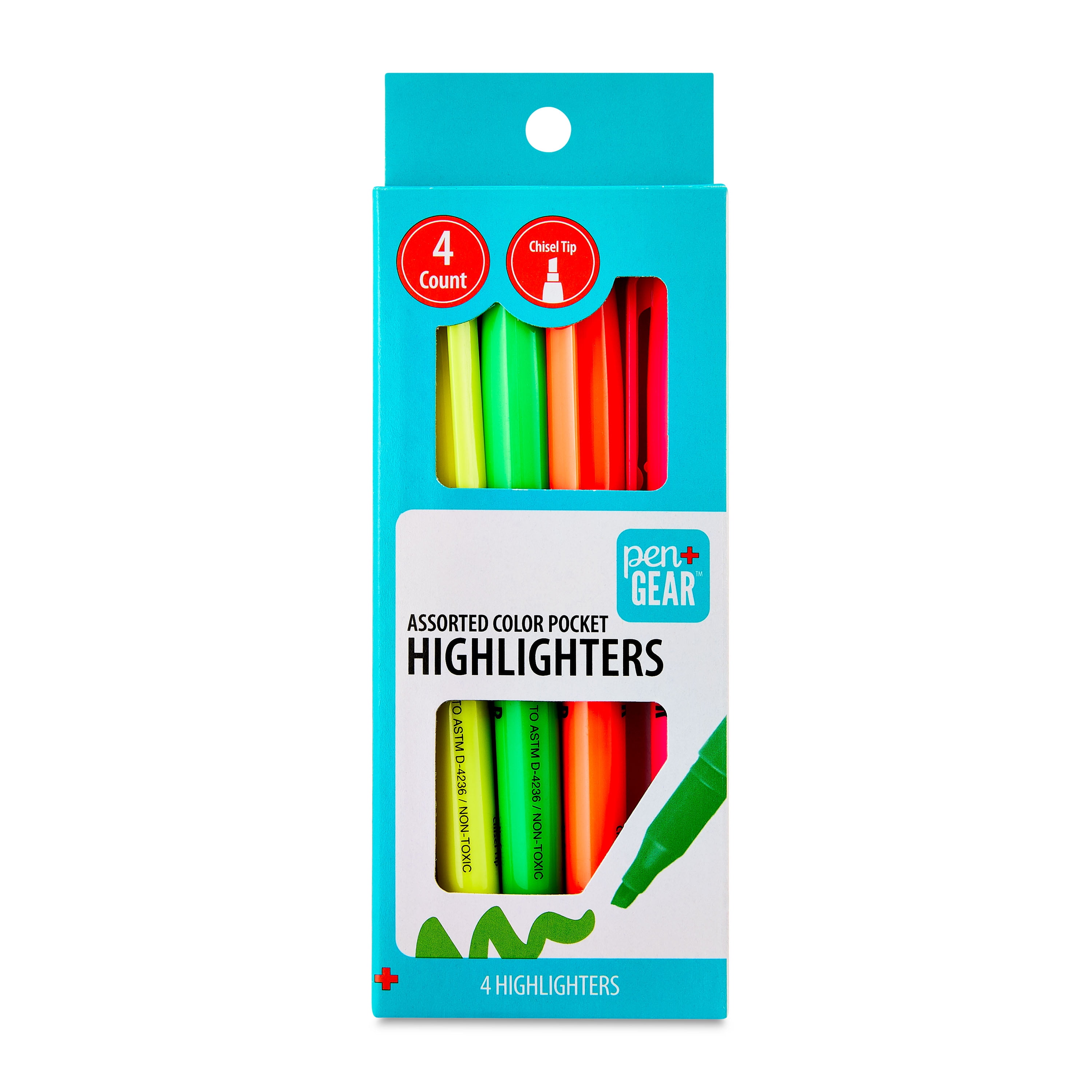 Pen+Gear Chisel Tip Pocket Highlighters, Quick-Drying Fluorescent Ink (Assorted Colors, 4 Count) xmo45