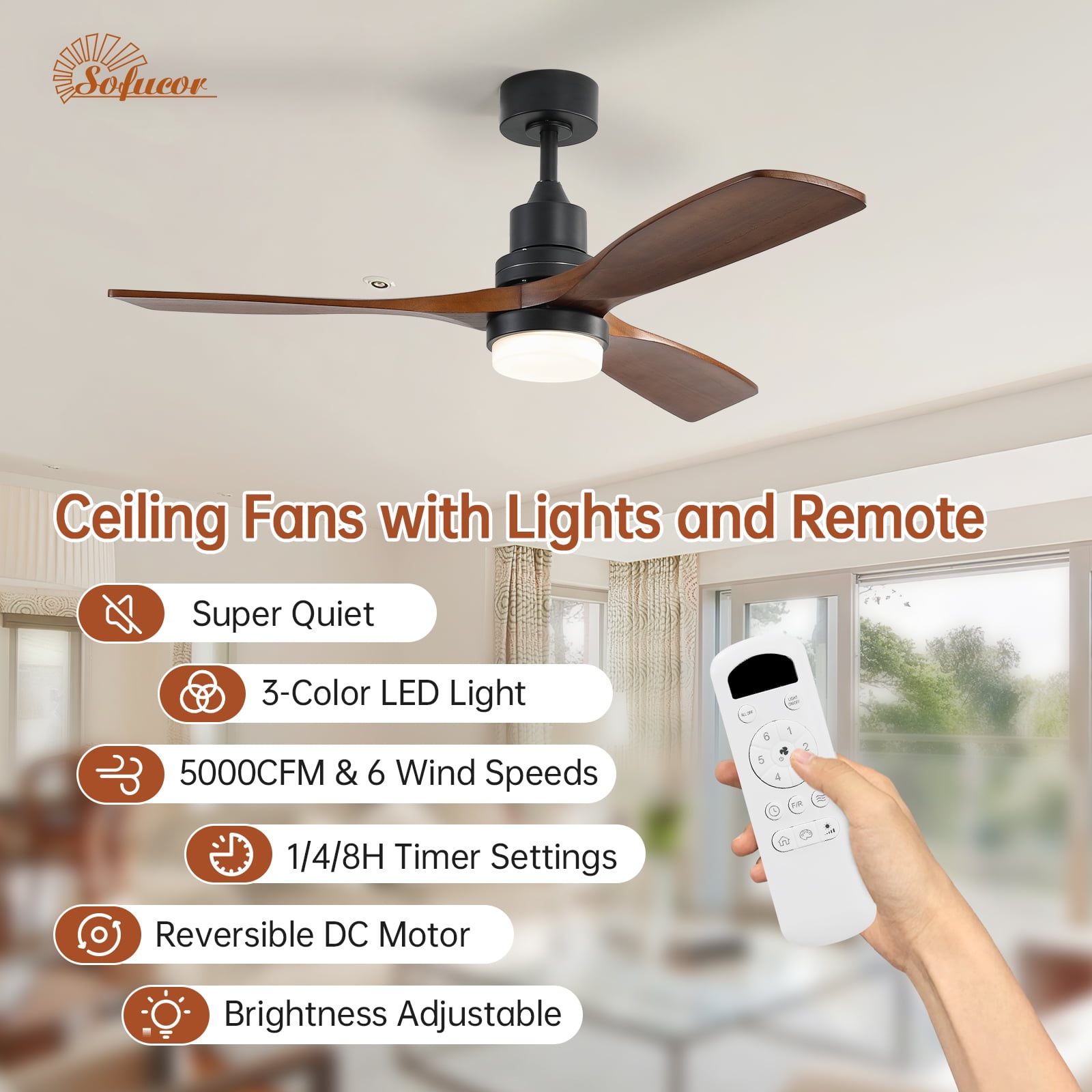 Sofucor 52 in Ceiling Fan with LED Lights, Remote Control, Reversible Noiseless Motor (Walnut, 52 in) isgbi