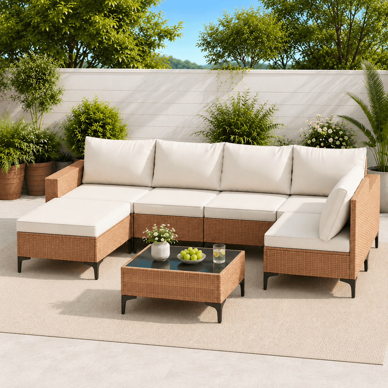 LAZZO 7-Piece Outdoor Conversation Set, Wicker Patio Furniture with Cushions and Coffee Table (Beige, 7-Piece) 4dxaf