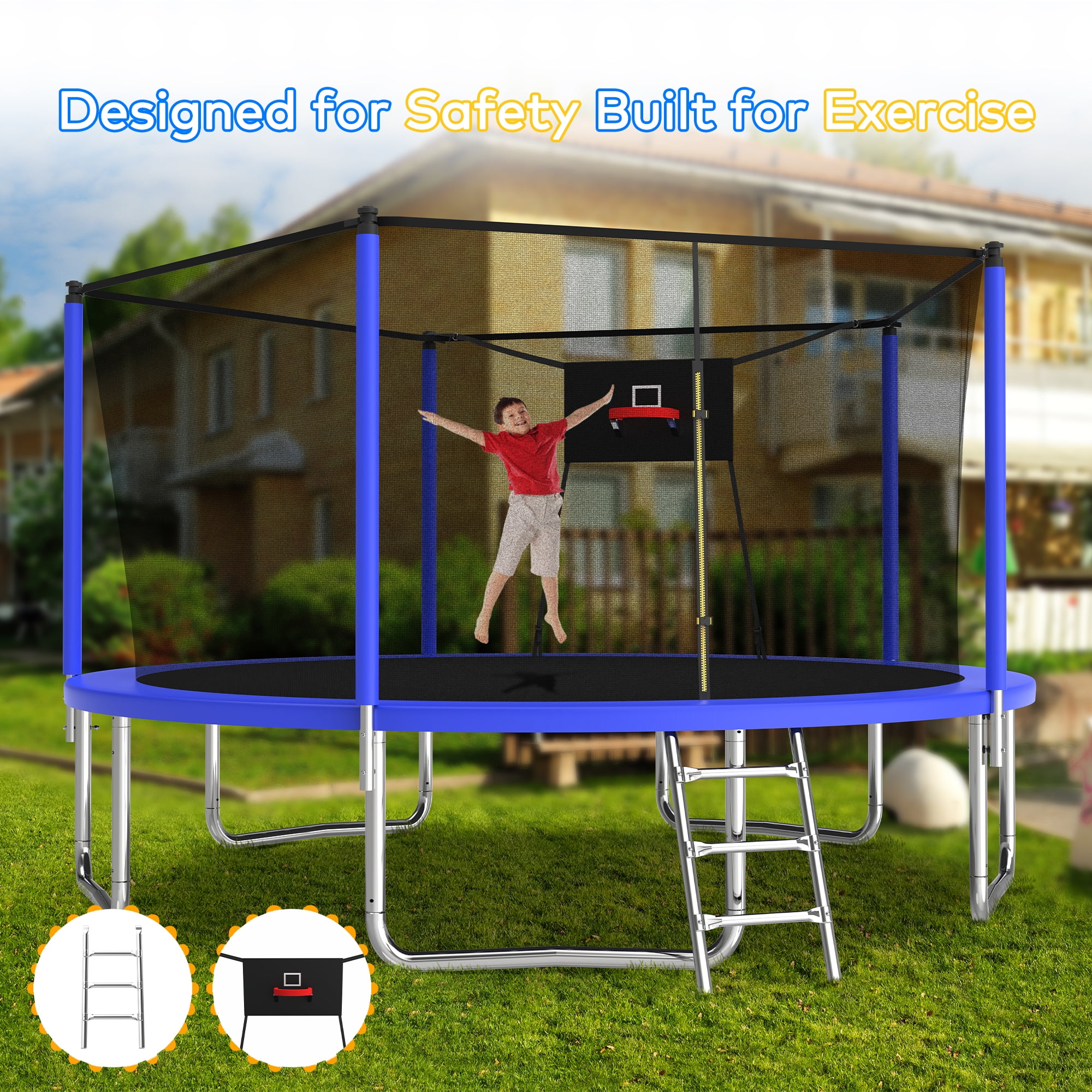 Leumius 14ft Trampoline with Basketball Hoop and Safety Enclosure Net (Blue, 14 ft) cbf7u