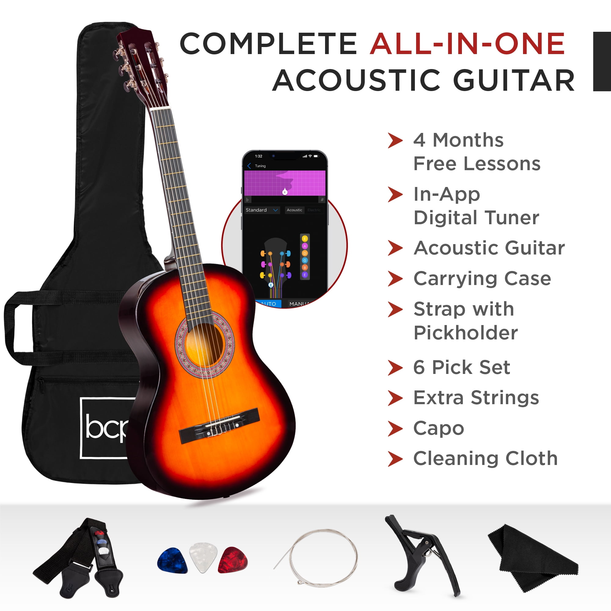 Best Choice Products 38in Beginner Acoustic Guitar Starter Kit with Gig Bag and Accessories (Sunburst, 38 in) cllb3