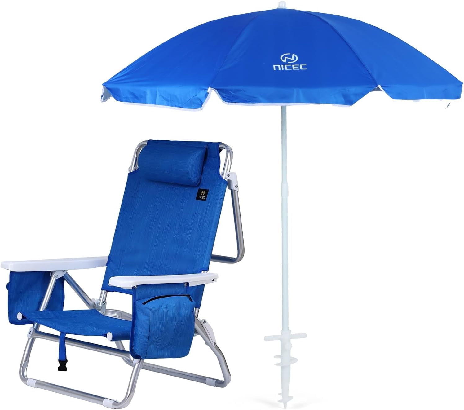MUKE Backpack Beach Chair with Umbrella, Cooler, and Cup Holder (Blue, 1 Pack) gkwsu