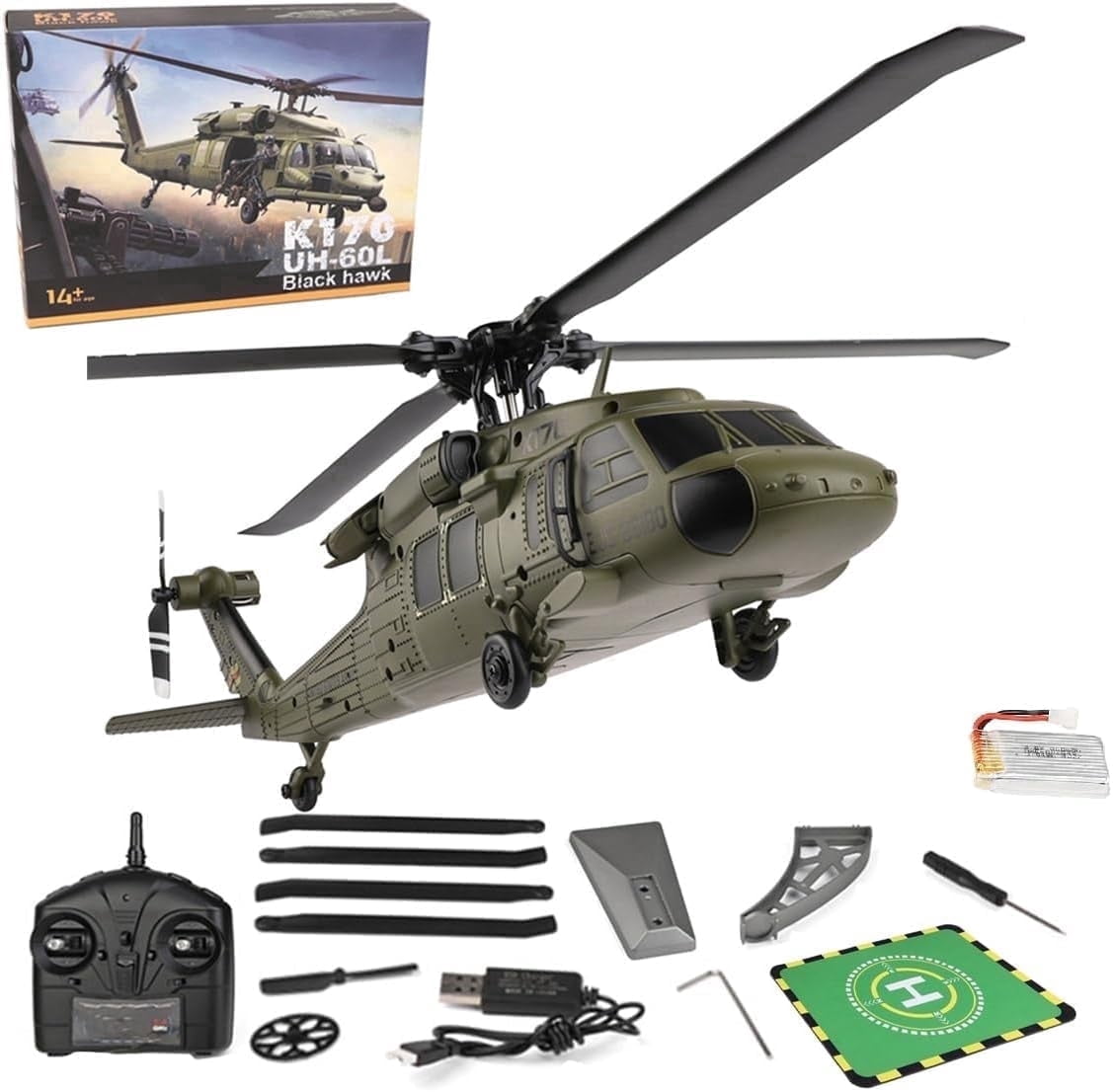 Bruce & Shark RC Helicopter K170 Black Hawk UH-60L 4CH Flybarless Remote Control Aircraft (Black, 10.2 in Rotor) mewcm