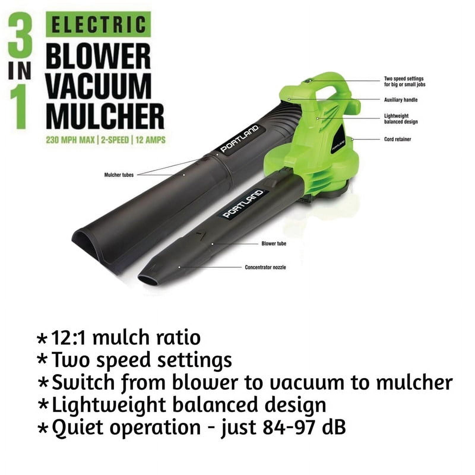 Portland Pilots 3-in-1 Electric Leaf Blower Vacuum and Mulcher (Green, 12 Amp) 21nze