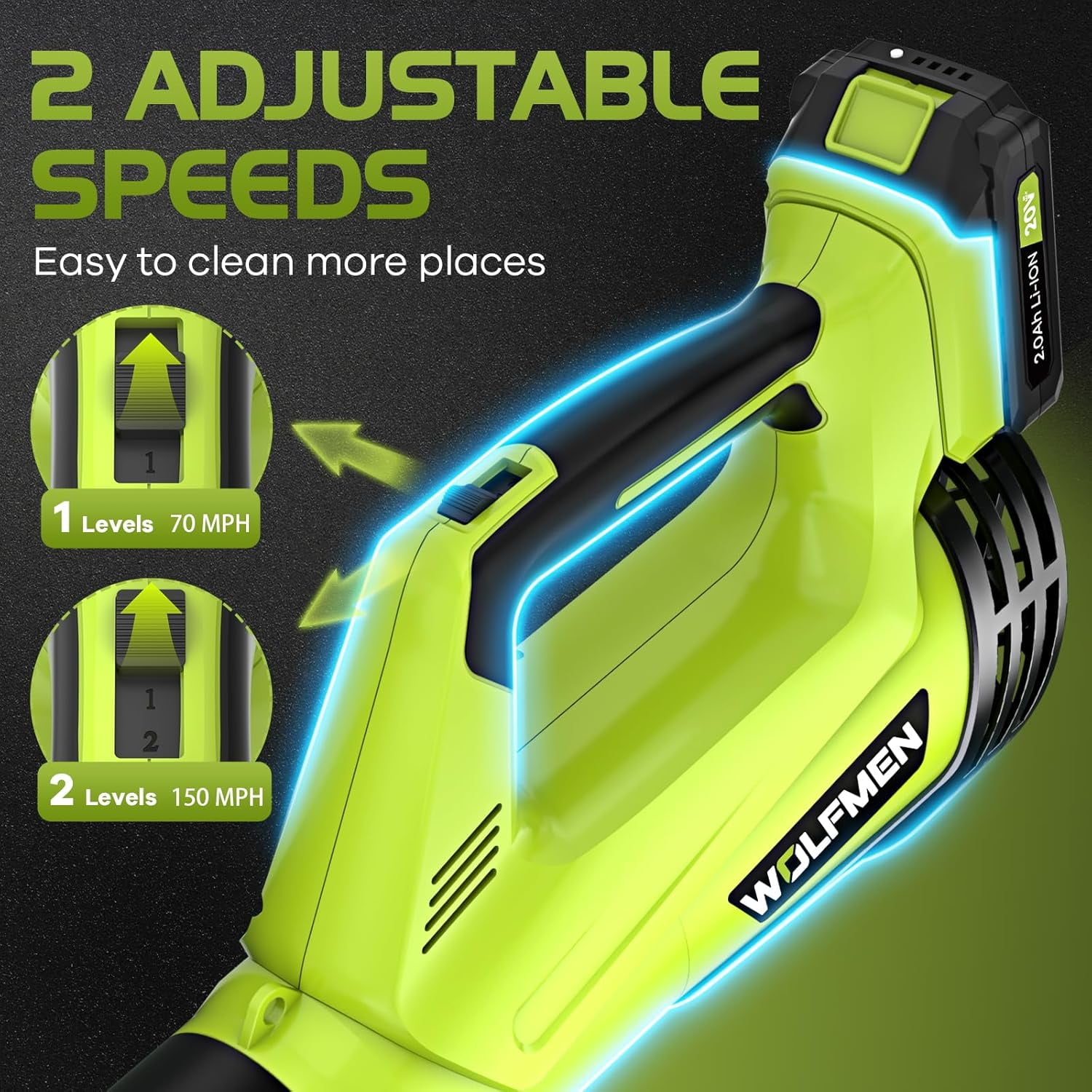 Darkiron Cordless Leaf Blower, 20V Electric Power Sweeper with 2 Batteries & Charger, 450 CFM High-Velocity Airflow, Lightweight Design (Green, 2-Pack Battery) 8ip1p