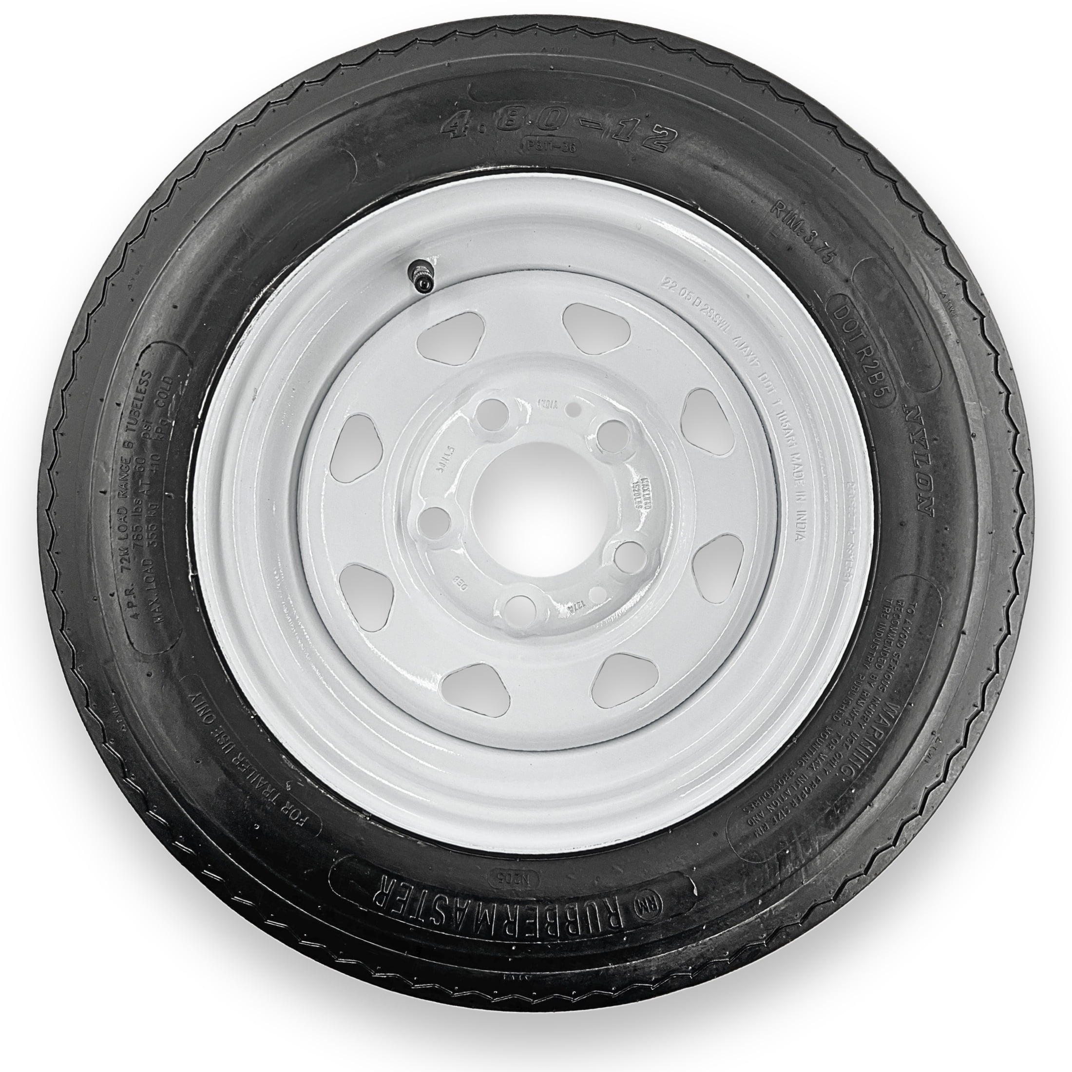 RubberMaster 4.80-12 4 Ply Highway Rib Tire and 5 on 4.5 Modular Wheel Assembly (White, 1 Pack) dj2c3
