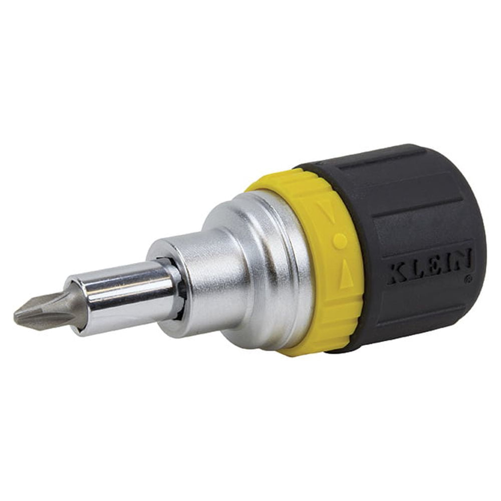 Klein Tools 6-in-1 Ratcheting Stubby Screwdriver with Cushion-Grip Handle (Yellow, 1 Pack) ln2jh