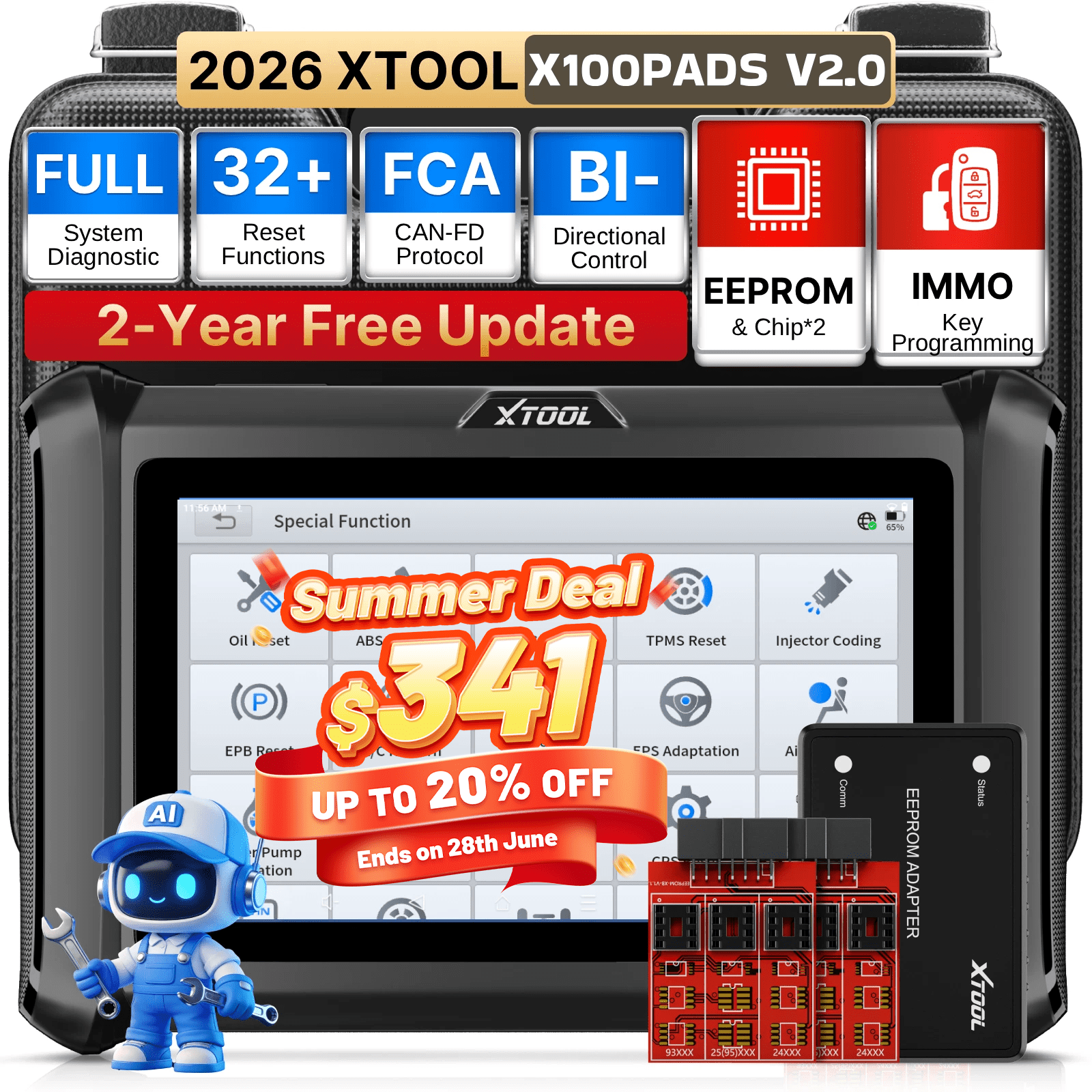 XTOOL X100 Pad Automotive Key Fob Programmer and All System OBD2 Diagnostic Scan Tool (32 Service Functions) qrdae
