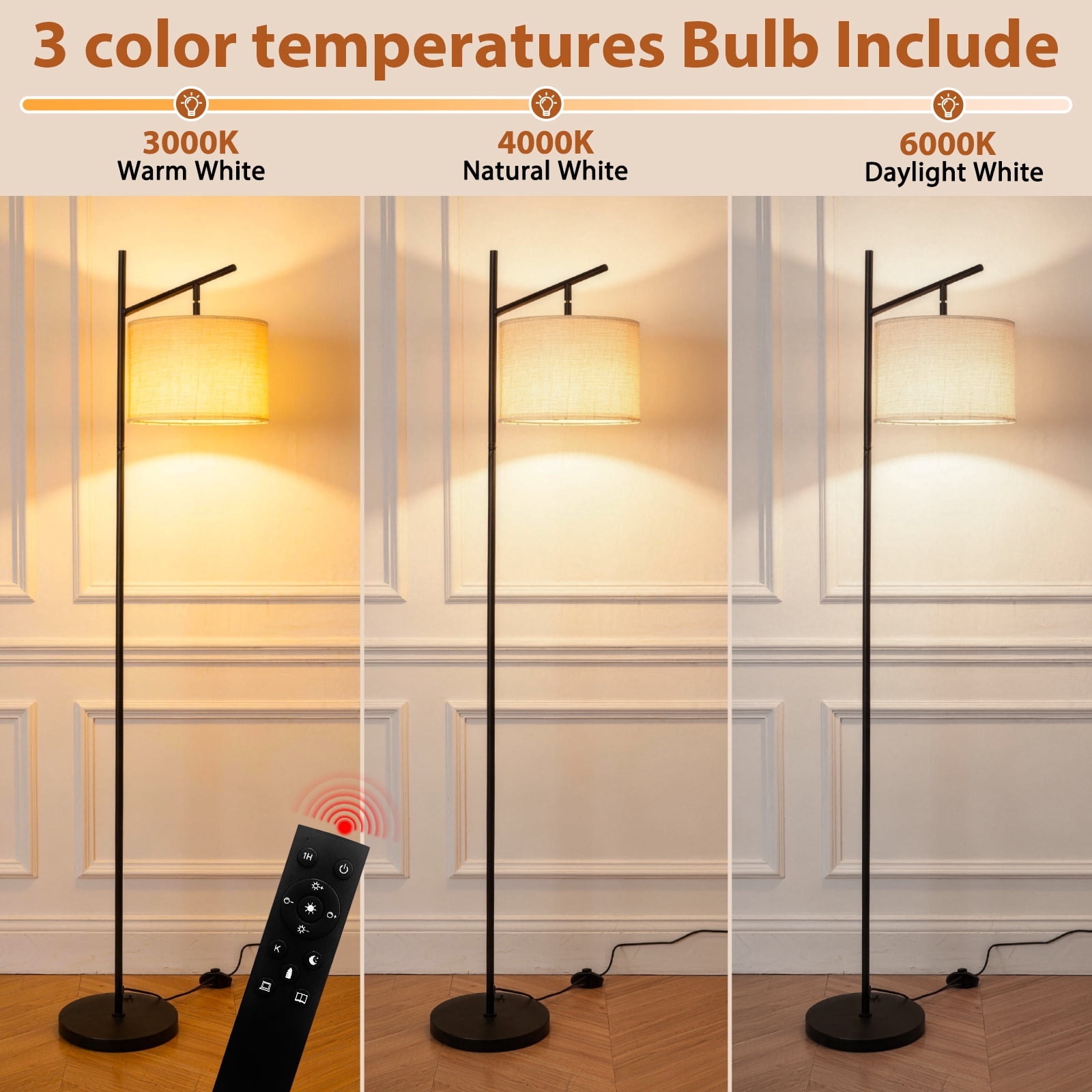 LZNIOZ Modern LED Floor Lamp with Remote Control, Dimmable Standing Light with Fabric Drum Shade (Black, 64 in) at4bc