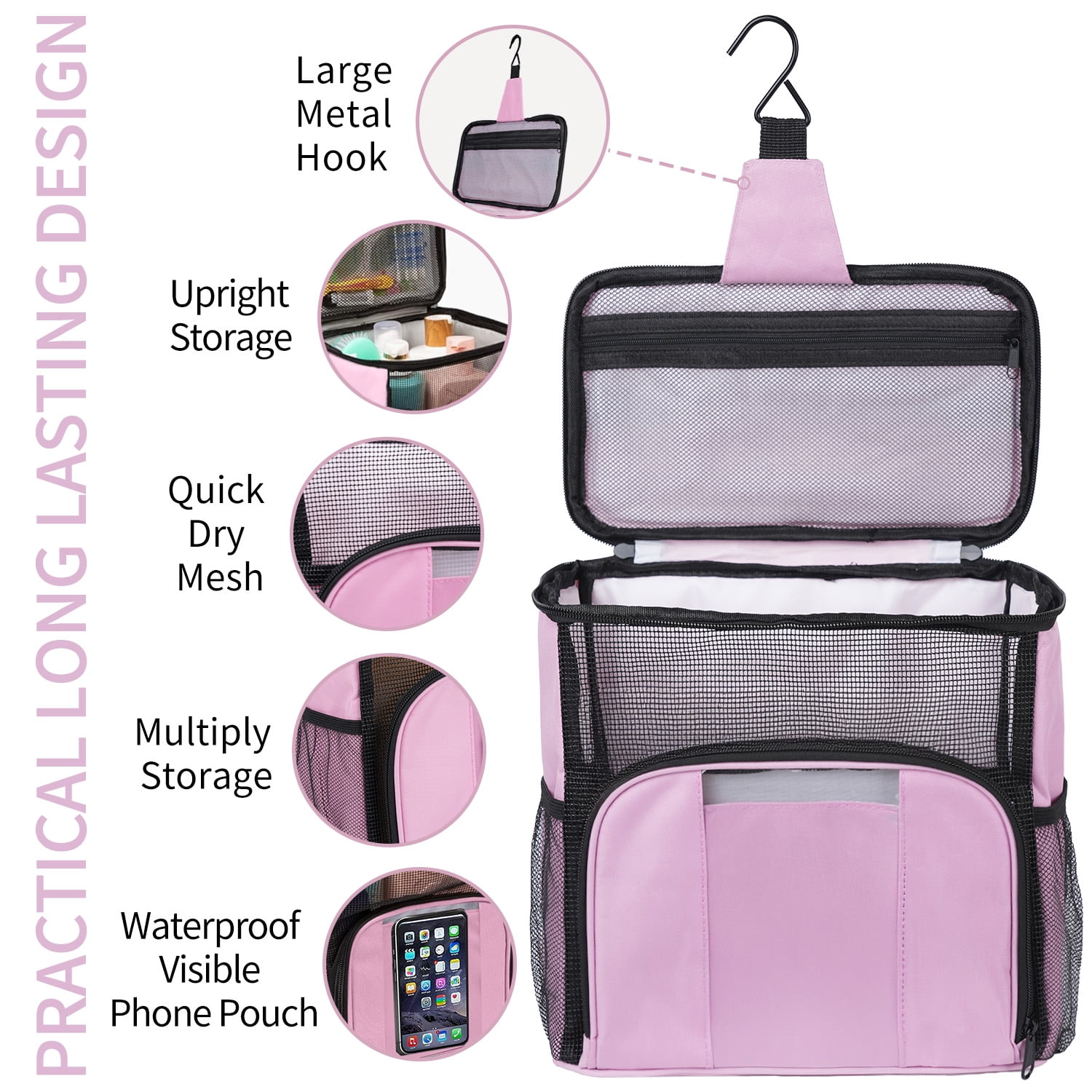 DAKIMOE Mesh Shower Caddy Portable Toiletry Tote Bag for College Dorm Organization (Pink, 10.4 in x 10.4 in x 5.9 in) raadd