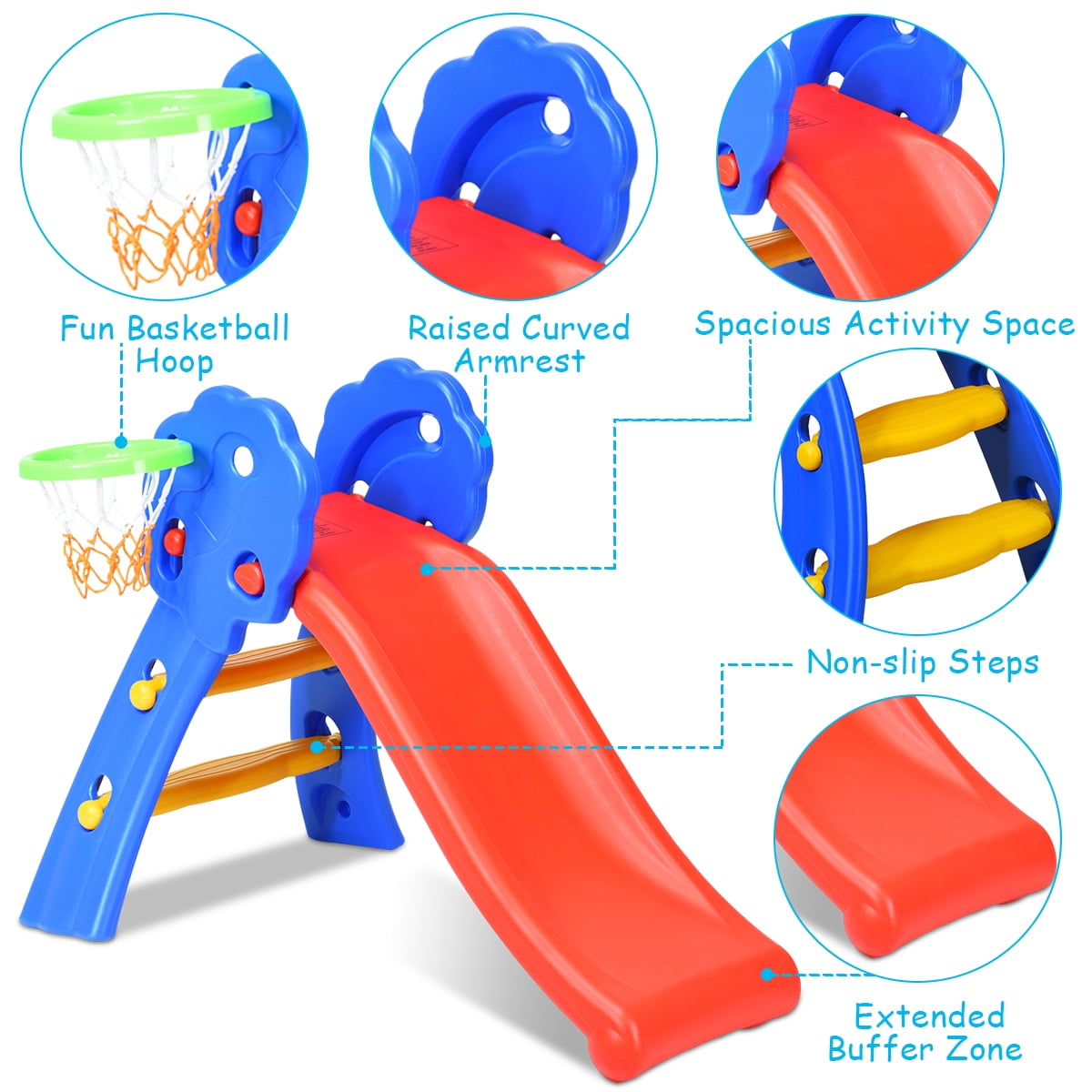 INFANS 2-Step Folding Slide with Basketball Hoop for Kids Indoor and Outdoor Play (Red) 39kw0