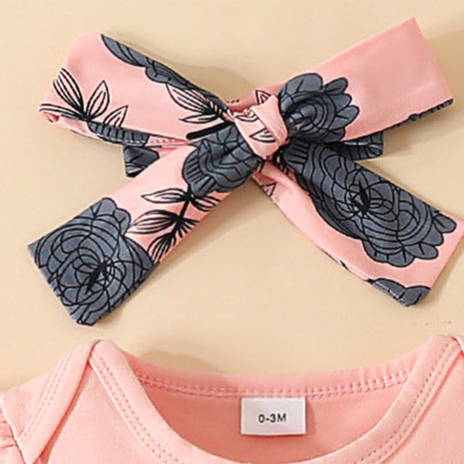 Qopobobo Toddler Girl Summer Outfit Short-Sleeve Romper Floral Ruffled Shorts Headband Set (Light Pink, 3-6 Months) rivki