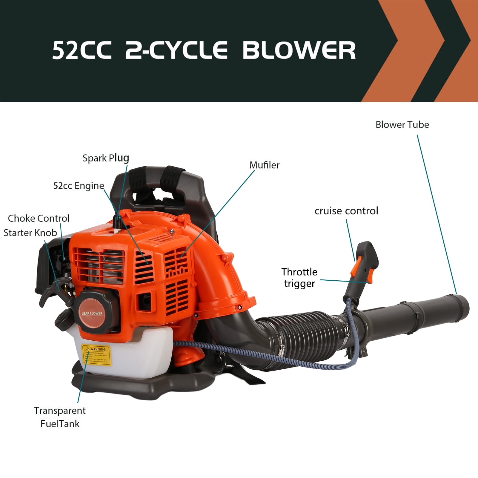 Happydeer 52CC Backpack Leaf Blower, Gas Powered Snow Blower for Outdoor Debris Clearing (Orange, 17.4 lb) u4tal
