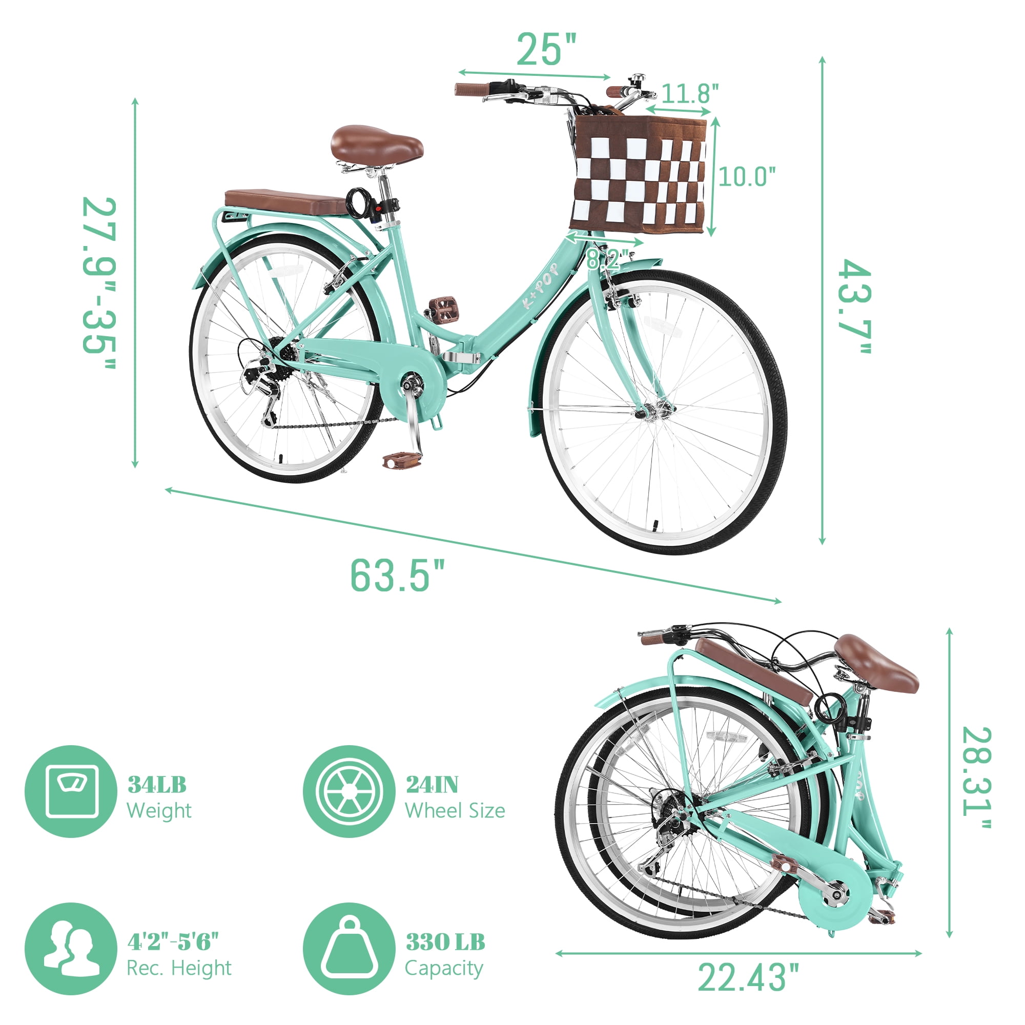 Bstjewey 24 in Folding Beach Cruiser Bike, 7 Speed Commuter Bicycle with Basket and Rear Rack (Green, 24 in) 8ajij