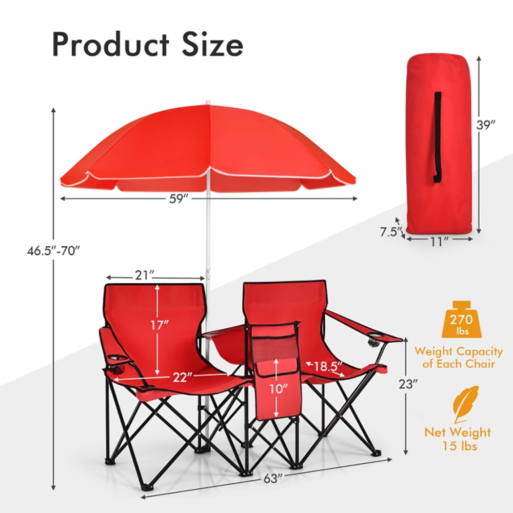 Aimee Lii Double Folding Picnic Chair with Umbrella, Outdoor Camping Loveseat with Cooler Bag and Beverage Holders (Red) sqkca