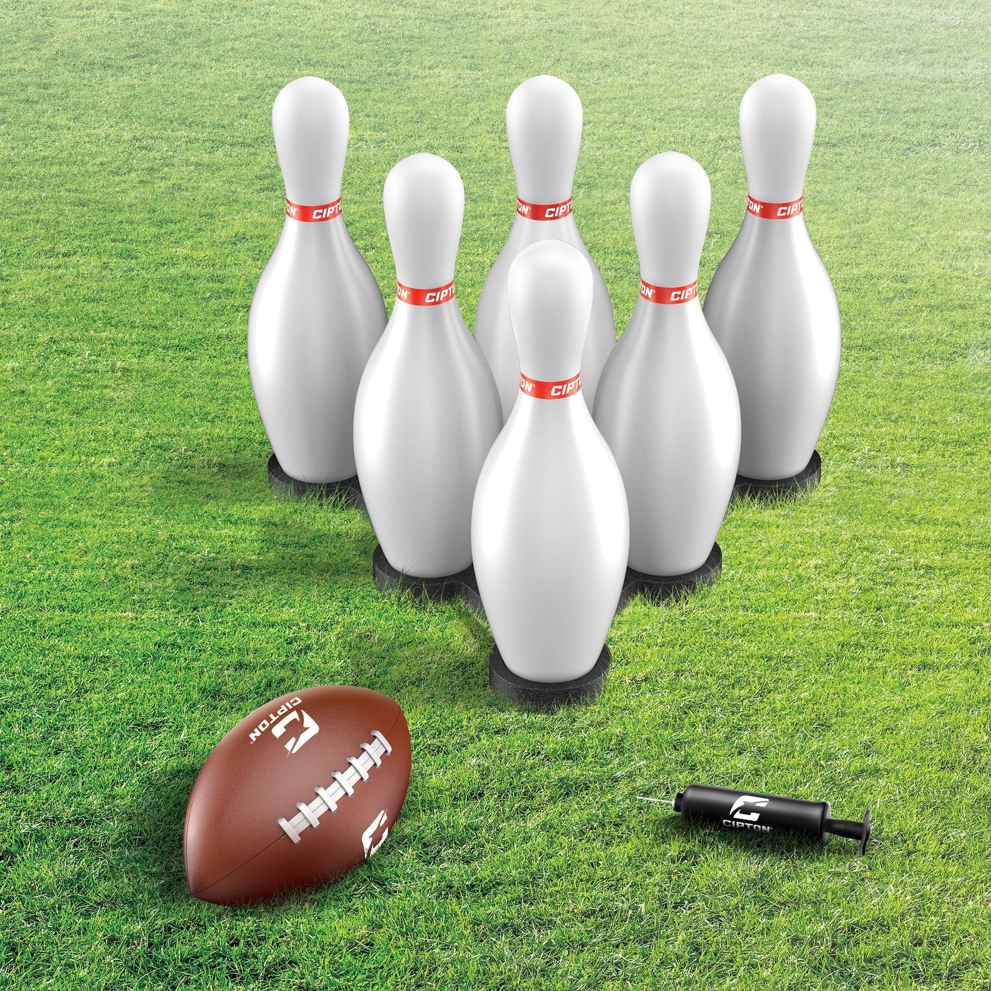 Cipton Strike Football Lawn Game Set, Outdoor Bowling Activity with 12 Pins, 2 Target Bases, Football, Air Pump, and Carry Bag (17-Piece Set) je7x4