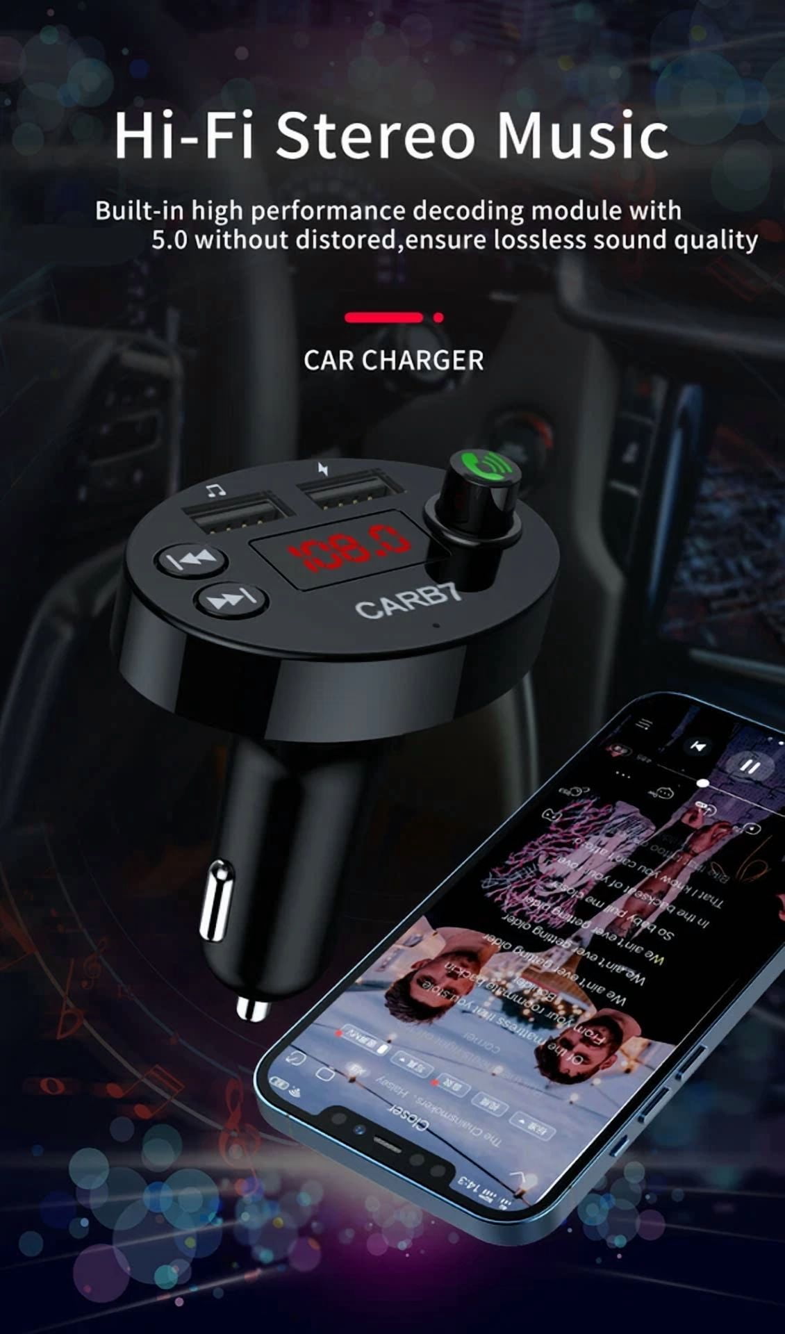 Rhea Bluetooth FM Transmitter Wireless Radio Adapter with Dual USB Phone Charger (Black, 1 Pack) xrsnj
