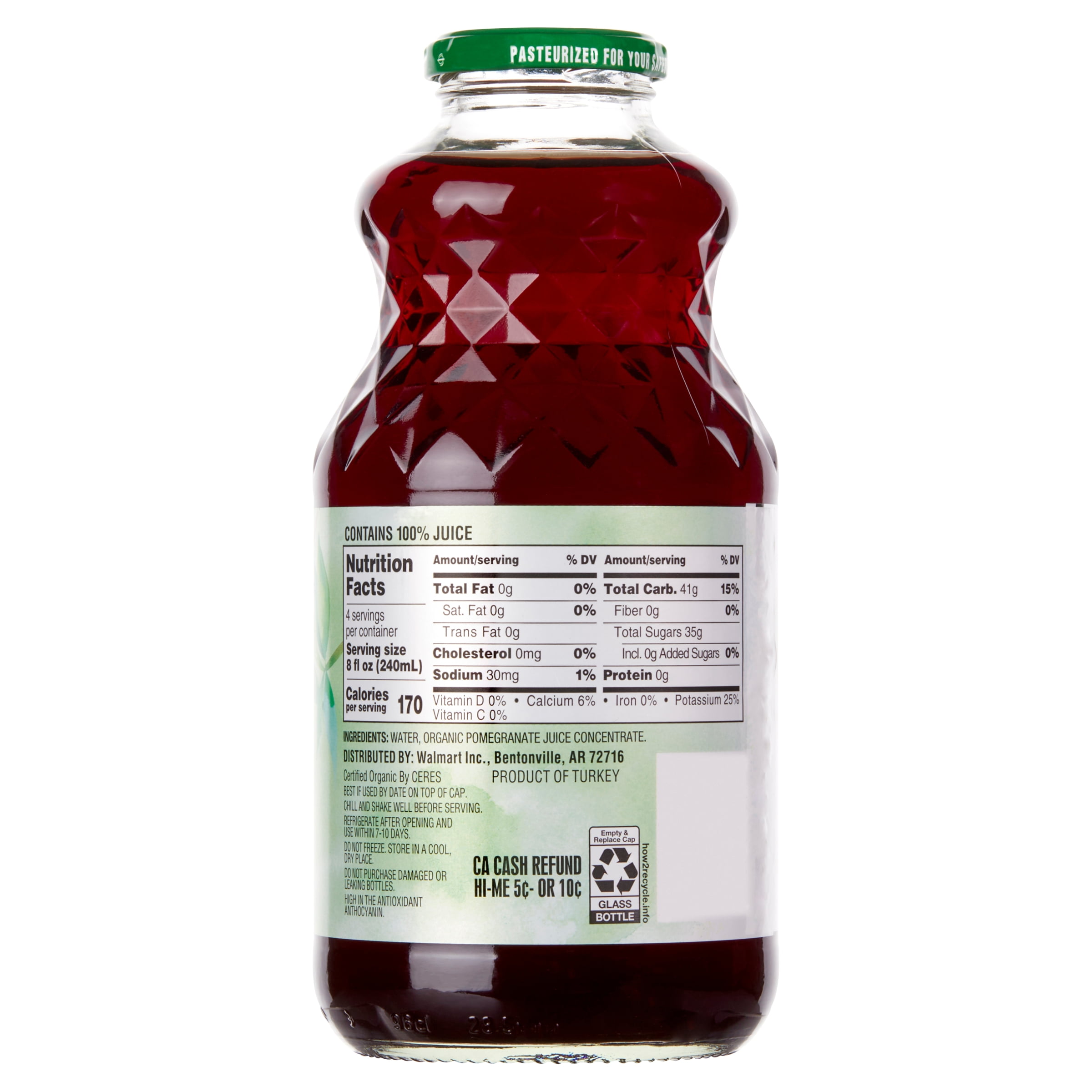 Great Value Organic Pomegranate Juice (100% Pure Juice, Non-GMO) 32 fl oz 3271h