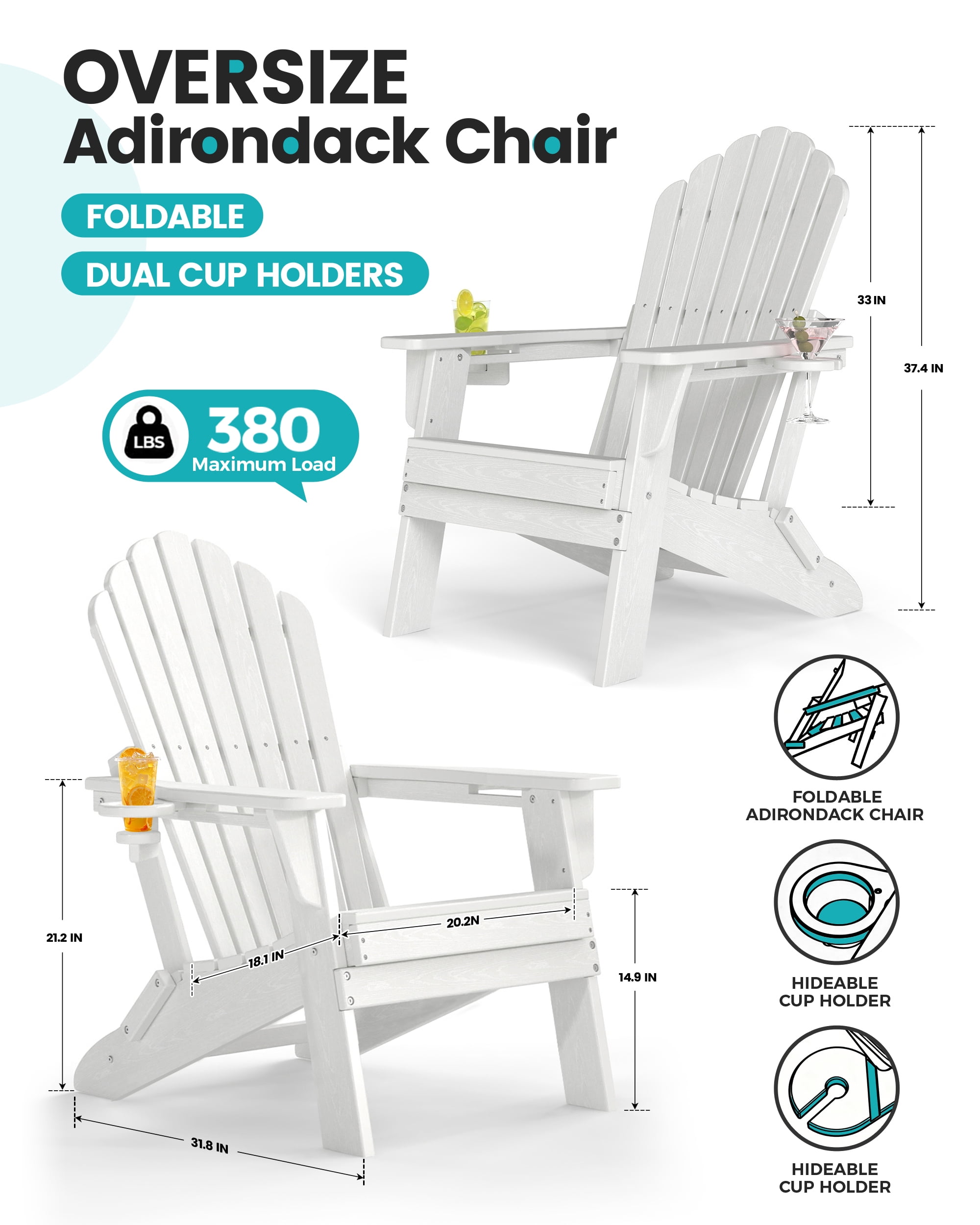 Cobiod Oversized Folding Adirondack Chairs, All-Weather HDPE Patio Seating with Dual Cup Holders (White, Set of 4) lss5e