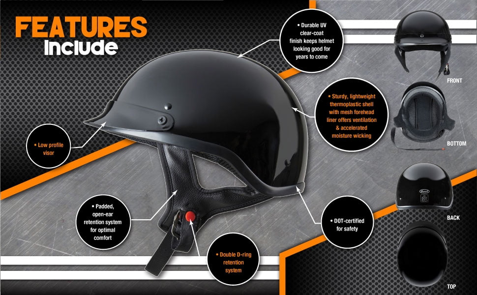 Fuel Helmets Adult Motorcycle Half Helmet, DOT Certified Safety Gear, Lightweight Protective Shell (Gloss Black, Medium) q23cr