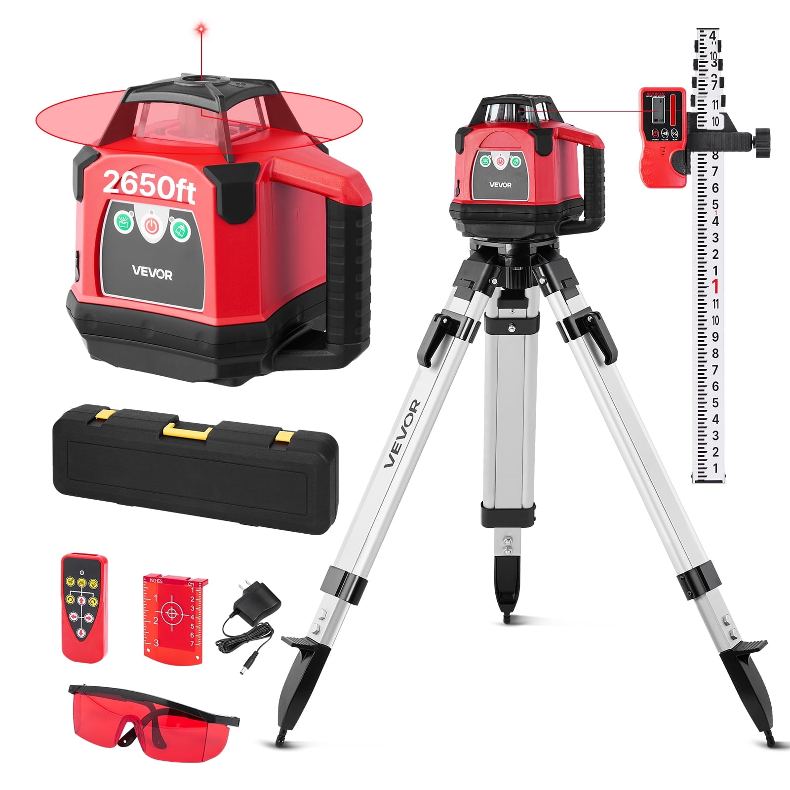 VEVOR Rotary Laser Level Kit, 360-Degree Self-Leveling Red Laser Transit with Tripod and Receiver (2650 ft Range) 9ftcg