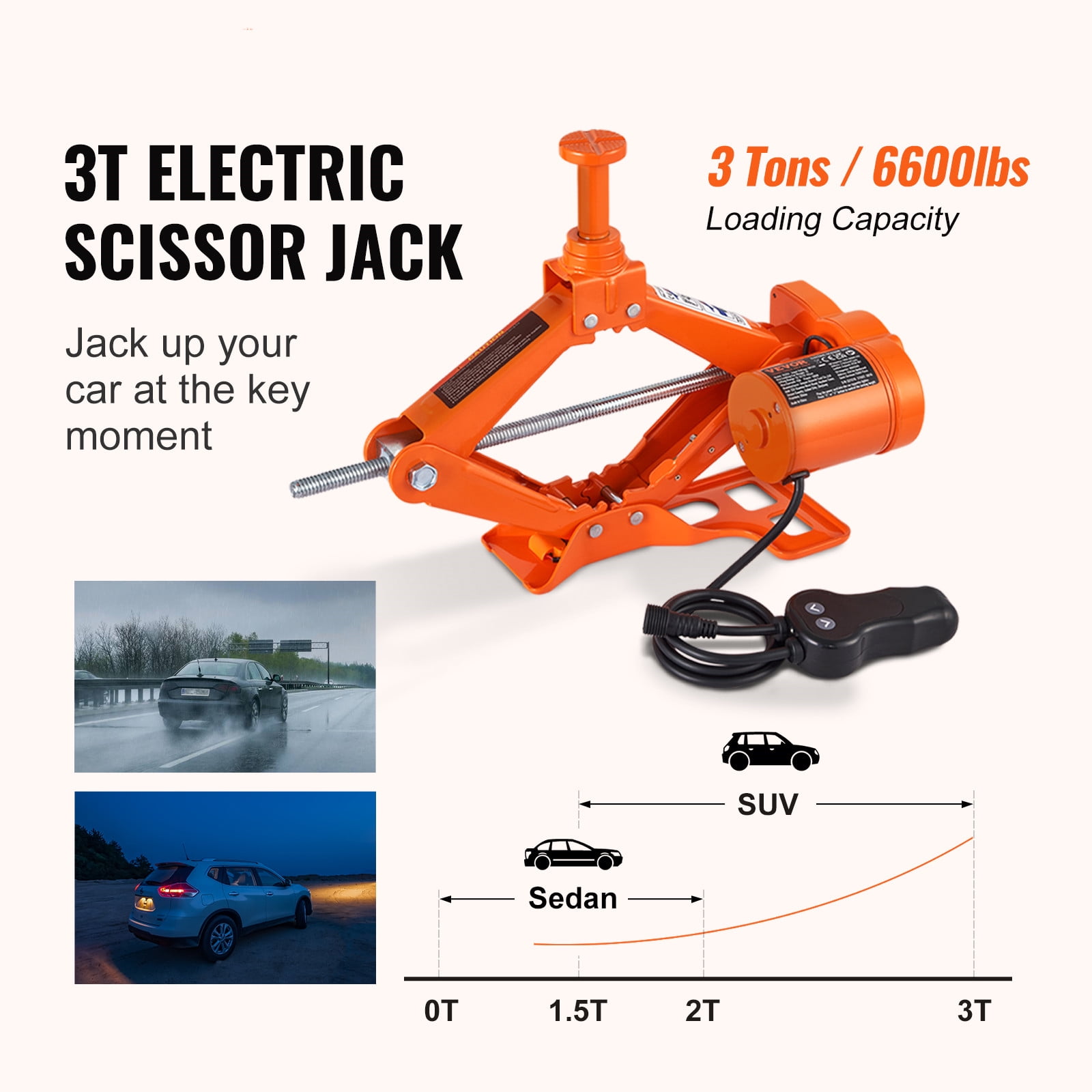 VEVOR Electric Car Jack (3 Ton, Orange) Heavy-Duty Automatic Scissor Lift for SUV and Sedan 07hv5