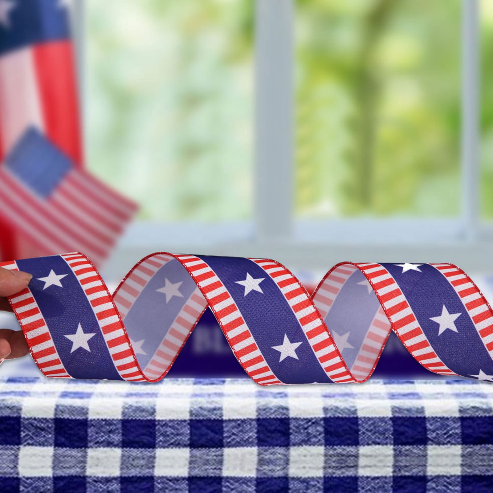 Kbndieu Patriotic Wired Ribbon, Stars and Stripes Fabric for DIY Crafts and Holiday Decor (Red White Blue, 2.5 in x 30 ft) ywjyy