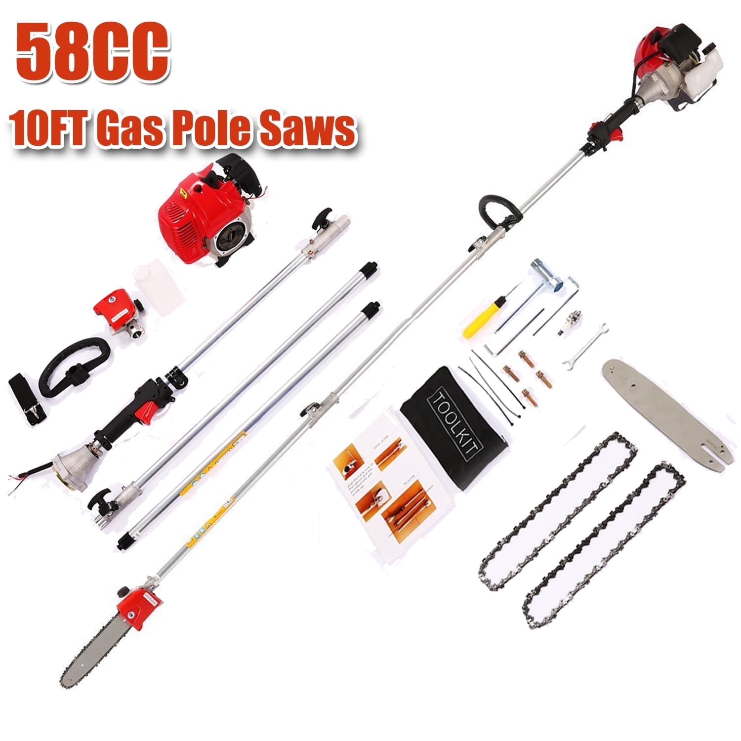 Adnoom 58cc Gas Pole Saw Chainsaw for Tree Trimming, Extendable Branch Cutter with 11.5 in Guide Bar (Red, 10 ft) vujqf