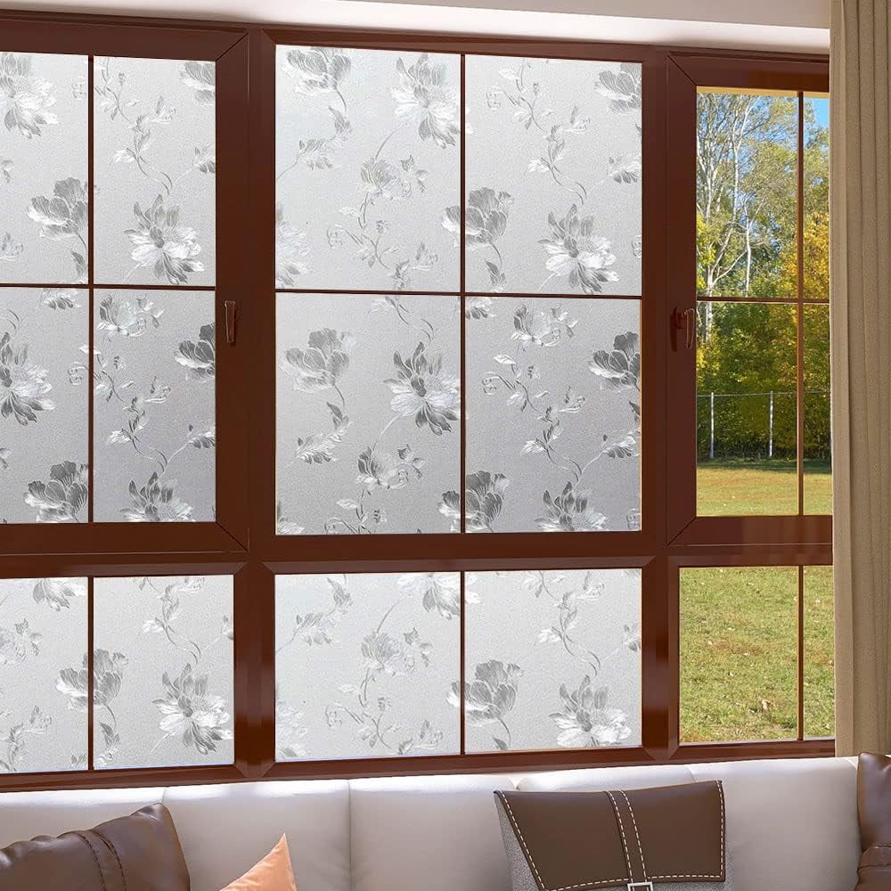 BSHAPPLUS Window Privacy Film, Frosted Glass Decorative Static Cling, UV Blocking Floral Pattern (White, 17.7 in x 78.7 in) n59s6